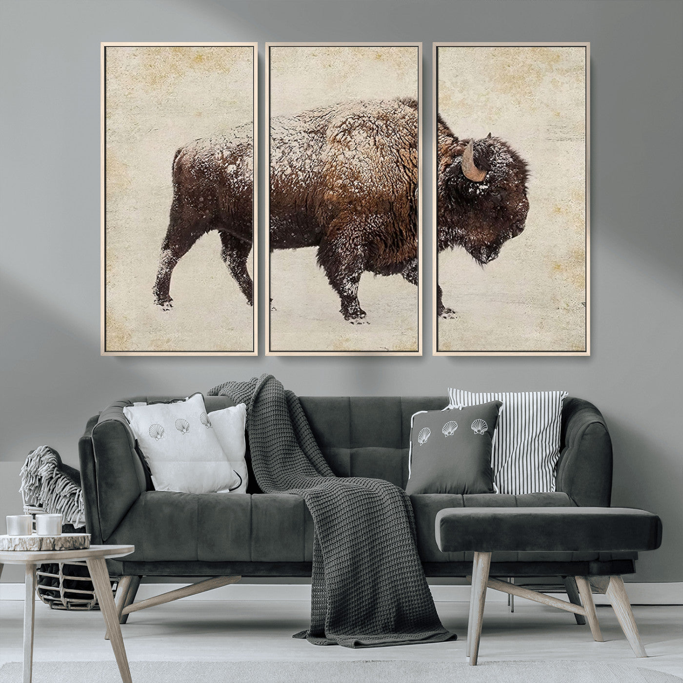 MGV-FC-48X32-3P - Buffalo Wall Art, Western Bison Canvas Print, Rustic Buffalo Art for Cowboy Western Decor, Large Multi-Panel Giclee Canvas for Farmhouse Wall Decor