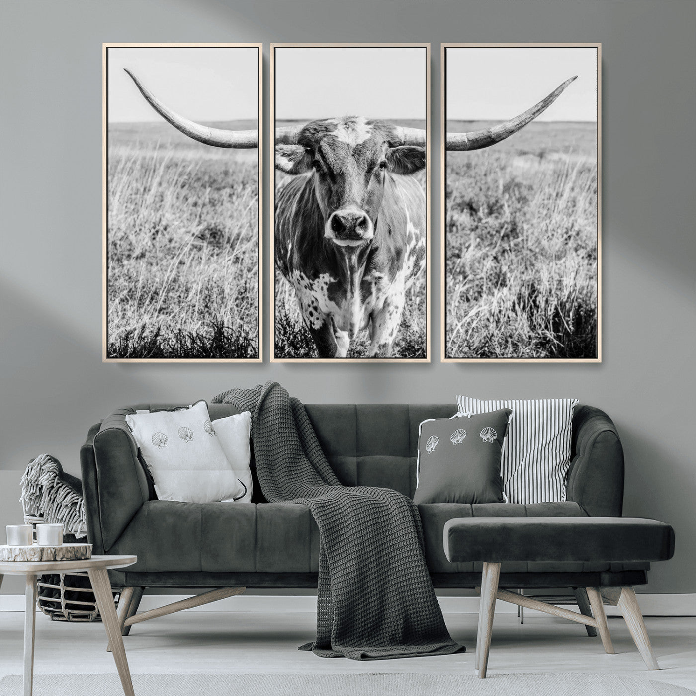 MGV-FC-48X32-3P - Texas Cow Longhorn Wall Art Canvas Print for Farm House Wall Decor, Farmhouse Wall Art Print