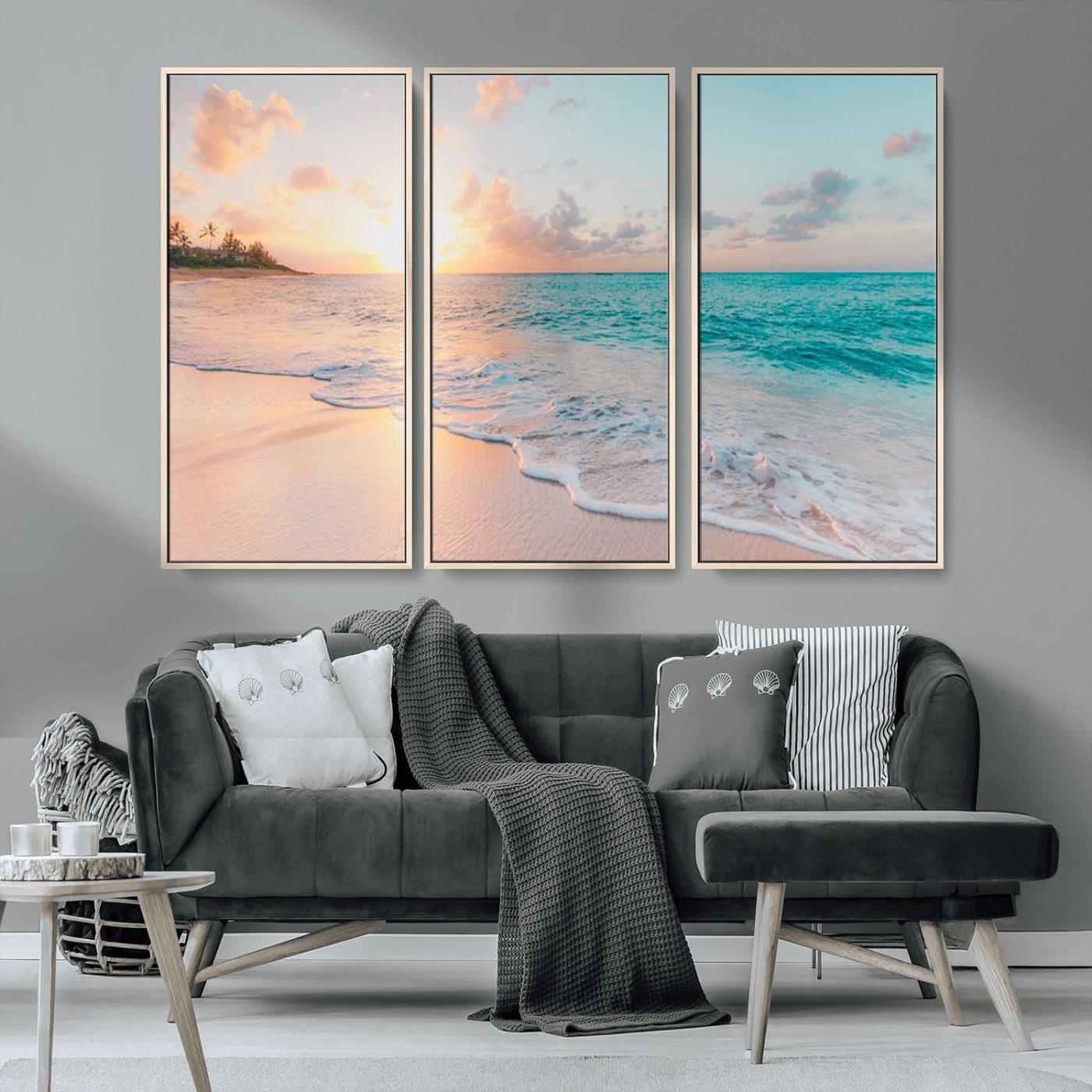 MGV-FC-48X32-3P - Beach Sunrise Wall Art, Coastal Seascape Canvas Print, Ocean Wave Multi-Panel Giclee, Coastal Sunset Beach Scene for Modern Decor