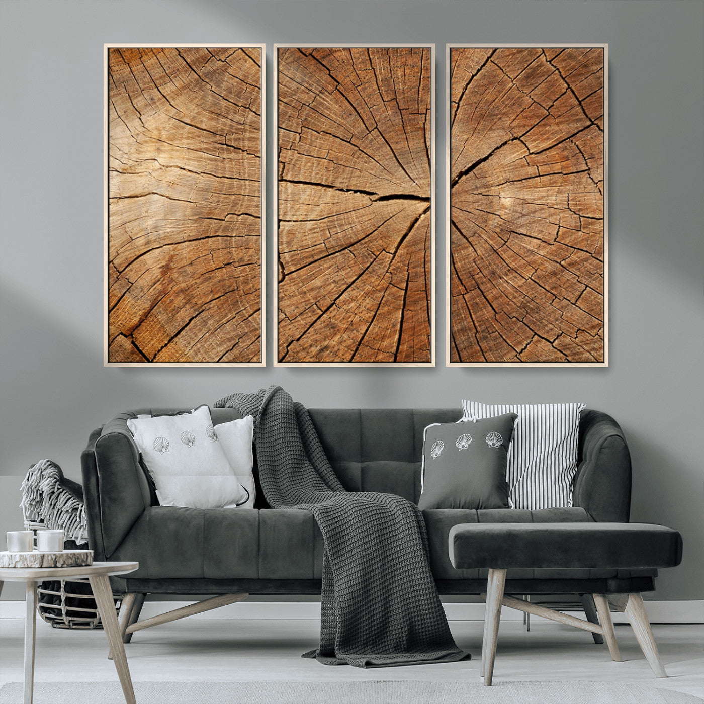 MGV-FC-48X32-3P - Tree Ring Canvas Art, Rustic Wood Grain Wall Art, Tree Slice Decor for Modern Homes, Giclee Multi-Panel Print, Tree Ring Wall Art Set