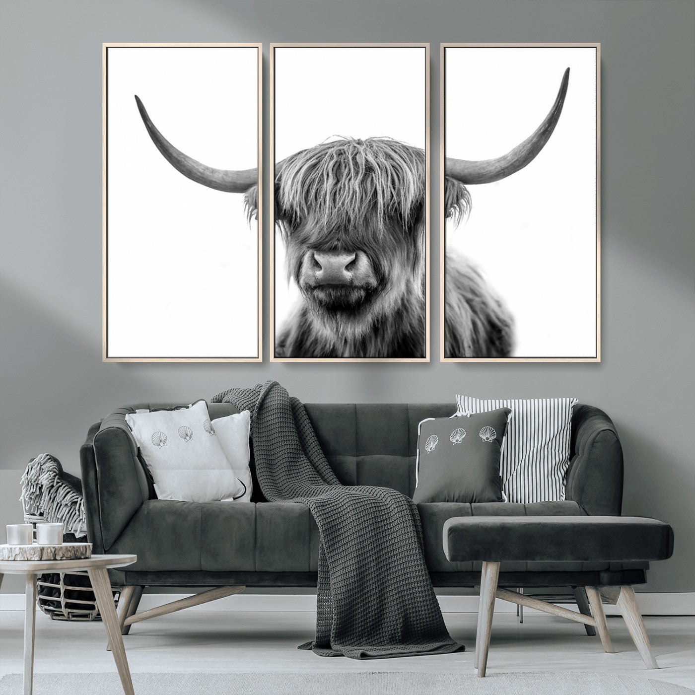MGV-FC-48X32-3P - Grayscale Scottish Highland Cow Cattle Art Print Farmhouse Wall Art Canvas Print