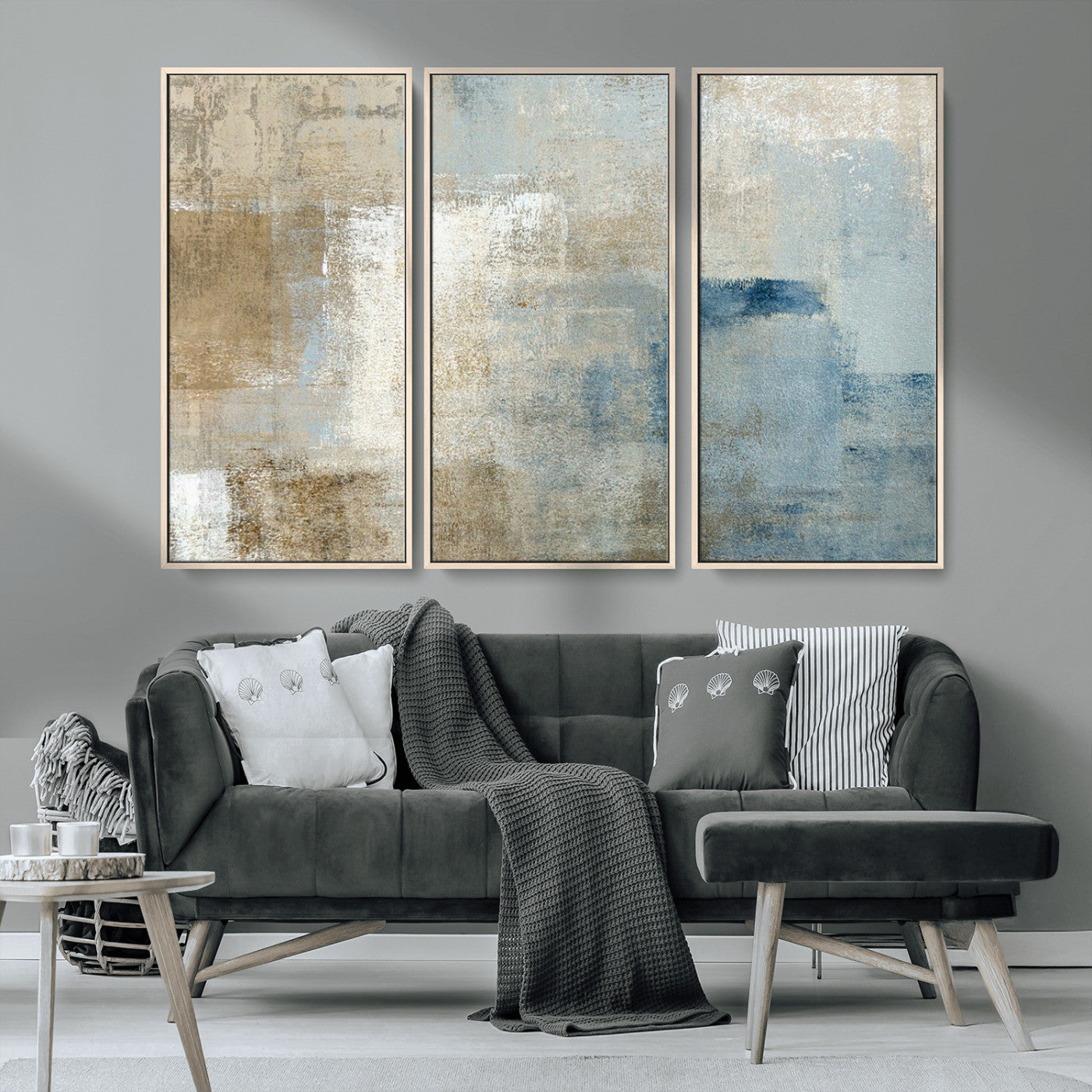 MGV-FC-48X32-3P - Abstract Blue and Beige Wall Art, Modern Minimalist Canvas Print Set, Giclee Textured Art, Large Multi-Panel Artwork for Living Room