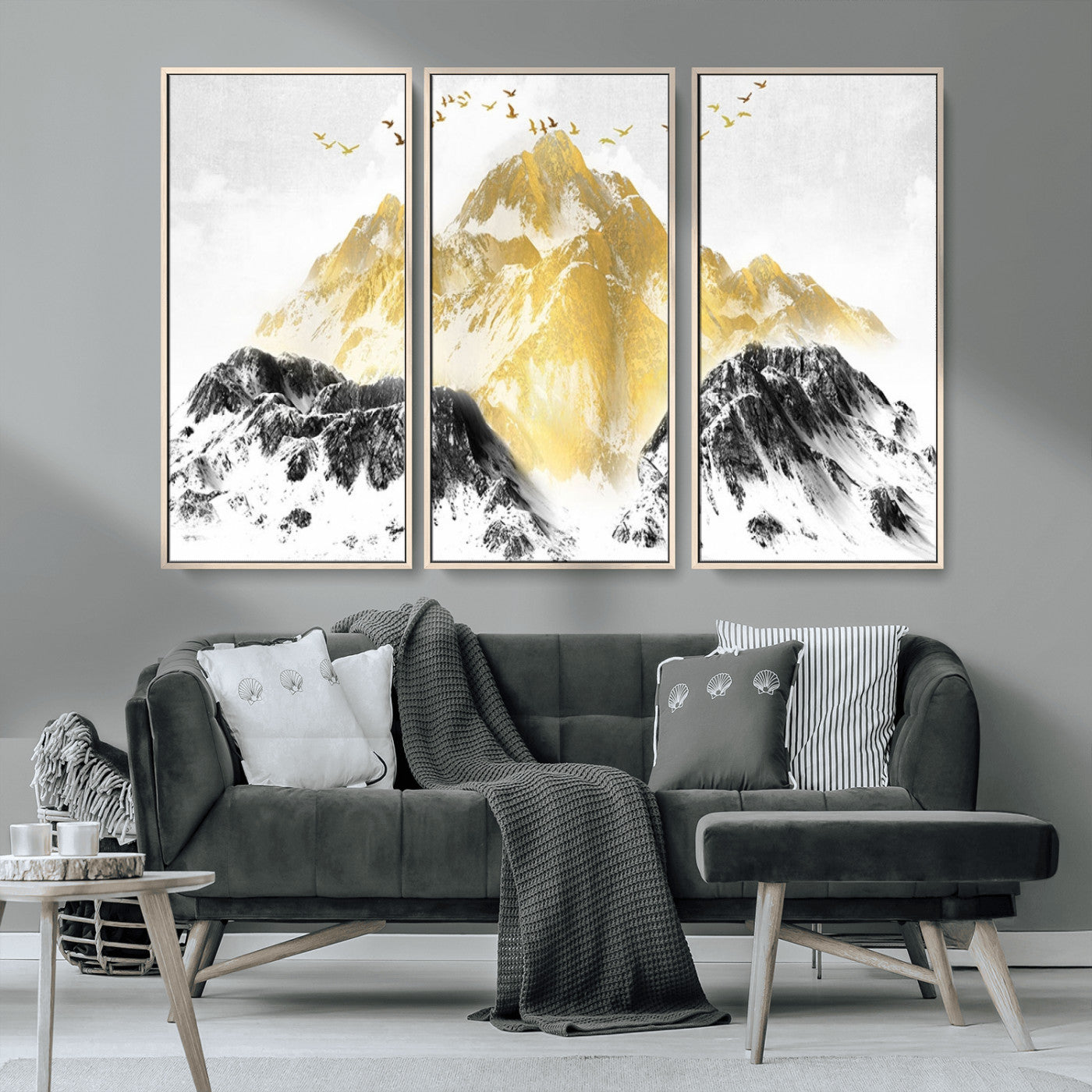 MGV-FC-48X32-3P - Golden Mountain Triptych Wall Art, Modern Giclee Canvas Print, Nature Landscape Decor for Living Room, Contemporary Gold and Black Wall Art