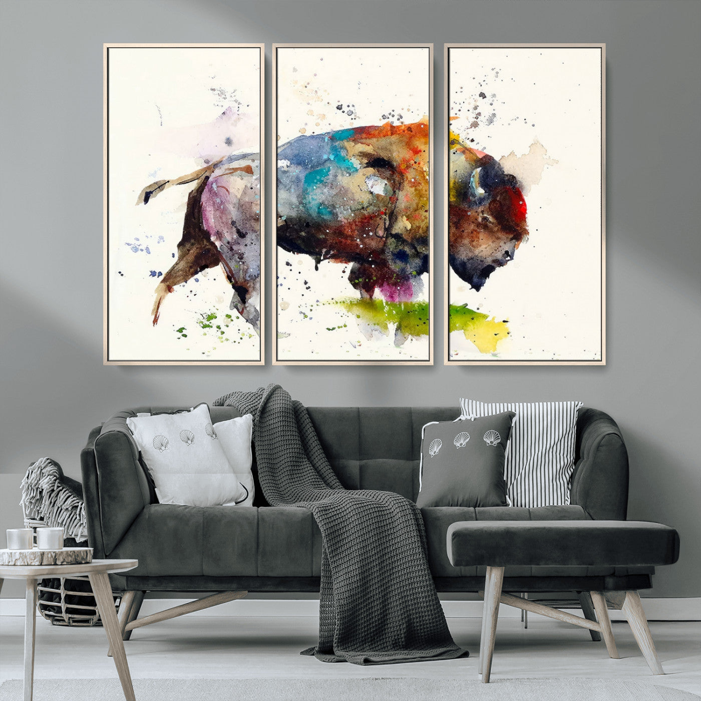MGV-FC-48X32-3P - Abstract Buffalo Wall Art, Western Watercolor Bison Canvas Print, Rustic Buffalo Art for Cowboy and Western Decor, Large Multi-Panel Giclee Canvas