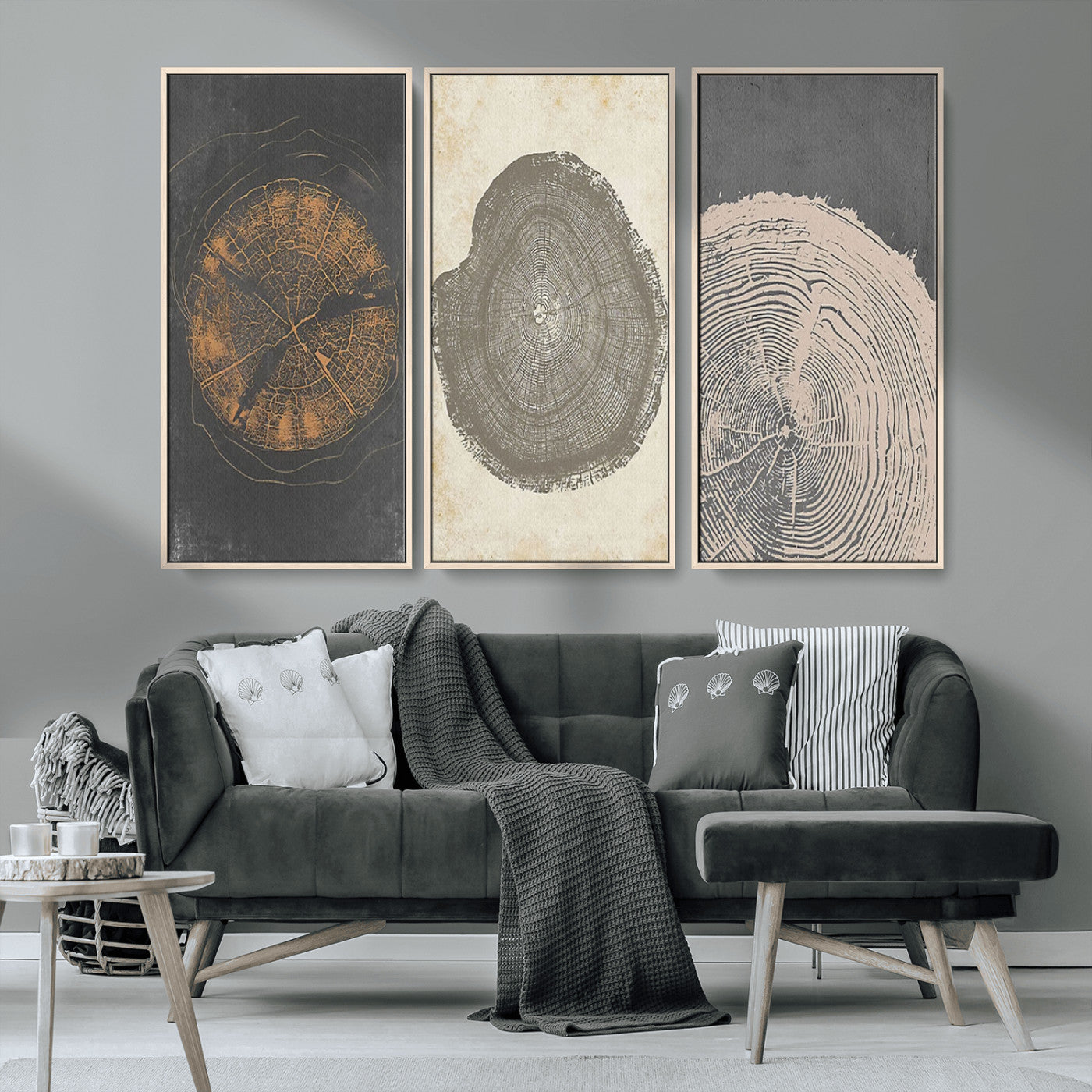 MGV-FC-48X32-3P - Boho Tree Ring Wall Art, Modern Minimalist Wood Grain Canvas, Tree Slice for Rustic Decor, Farmhouse Decor Giclee Canvas Print, Tree Ring Canvas Set