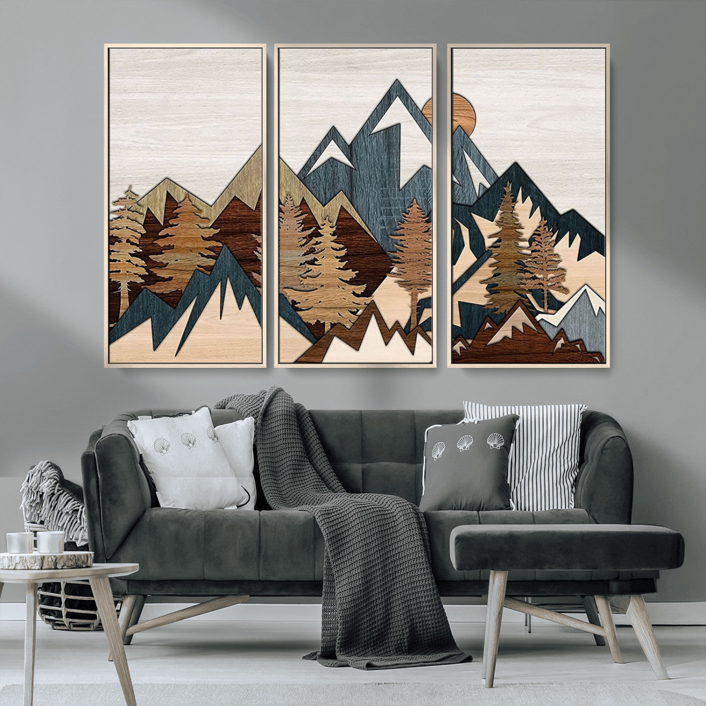 MGV-FC-48X32-3P - Woodland Mountain Landscape Triptych, Giclee Canvas Art for Modern Home, Rustic Wooden Nature Wall Art, Large Mountain and Tree Canvas for Living Room