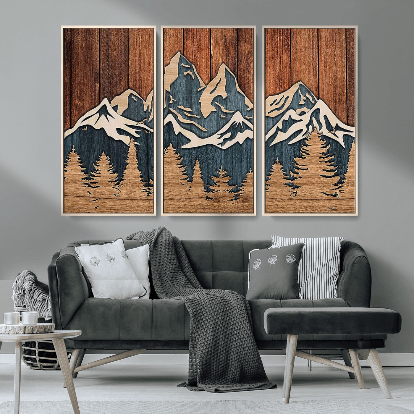 MGV-FC-48X32-3P - Rustic Wood Style Mountain Wall Art, Nature Forest Canvas Print, Wooden Textured Mountain Artwork, Handcrafted Landscape Decor for Farmhouse Decor