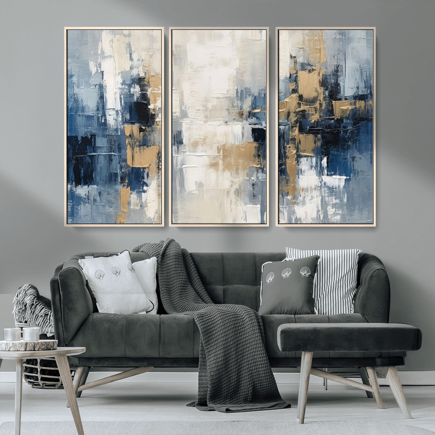 -Modern Abstract Canvas Wall Art in Blue and Gold Tones | Large Contemporary Art for Living Room,