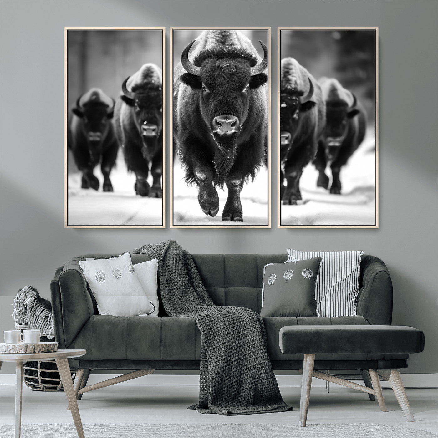 MGV-FC-48X32-3P - American Bison Art | Buffalo Herd Wall Art Canvas Print, BW American Bison Herd Wall Art Canvas Print
