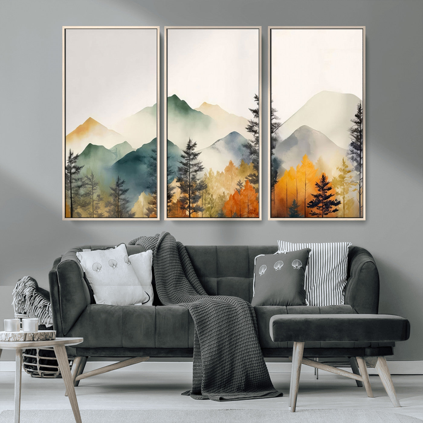 MGV-FC-48X32-3P - Abstract Watercolor Mountains and Trees Autumn Wall Art, Mountains and Trees Autumn Wall Art Canvas