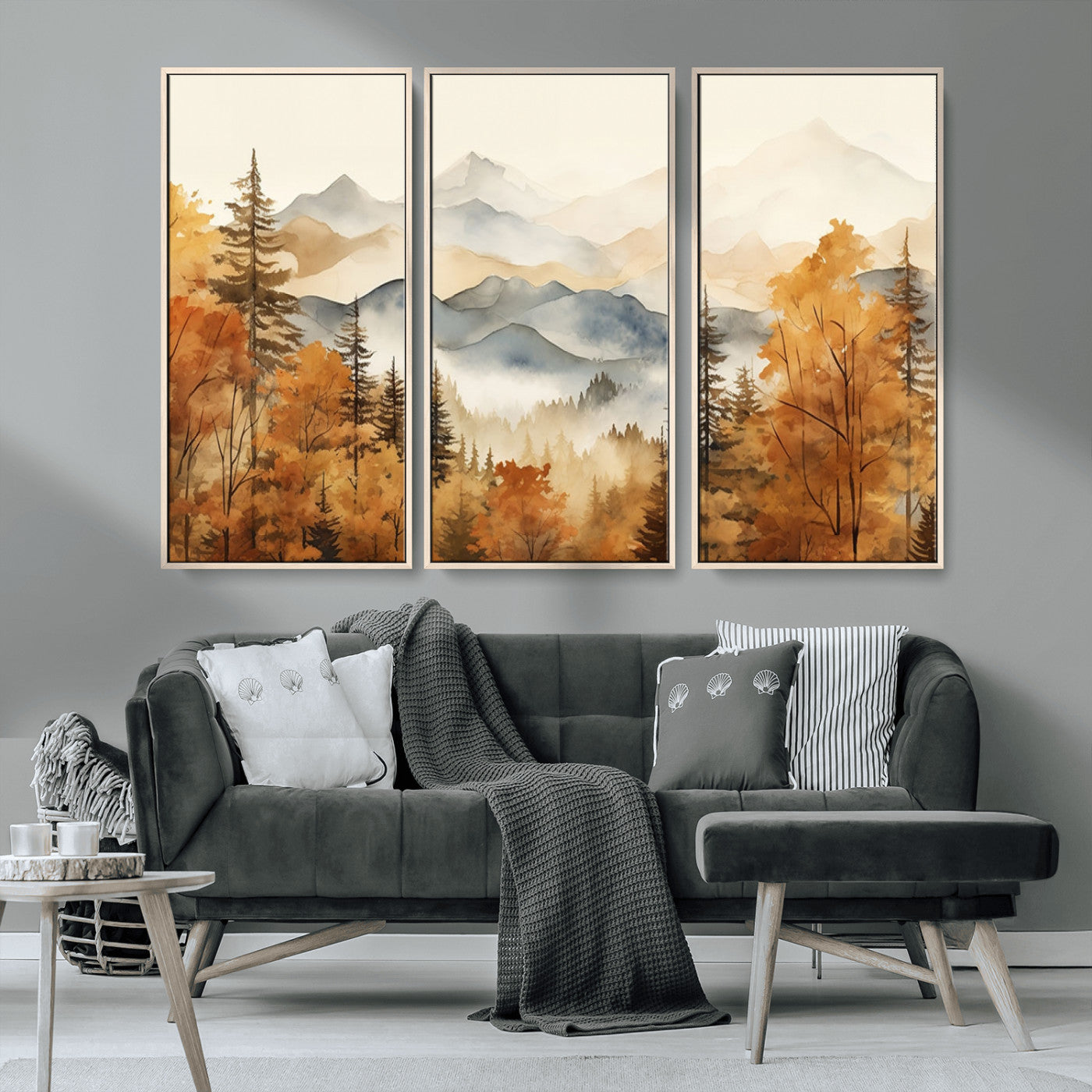 MGV-FC-48X32-3P - Golden Autumn Forest Wall Art | Mountain Landscape Canvas Print for Living Room or Bedroom | Large Wall Decor with Nature-Inspired Design