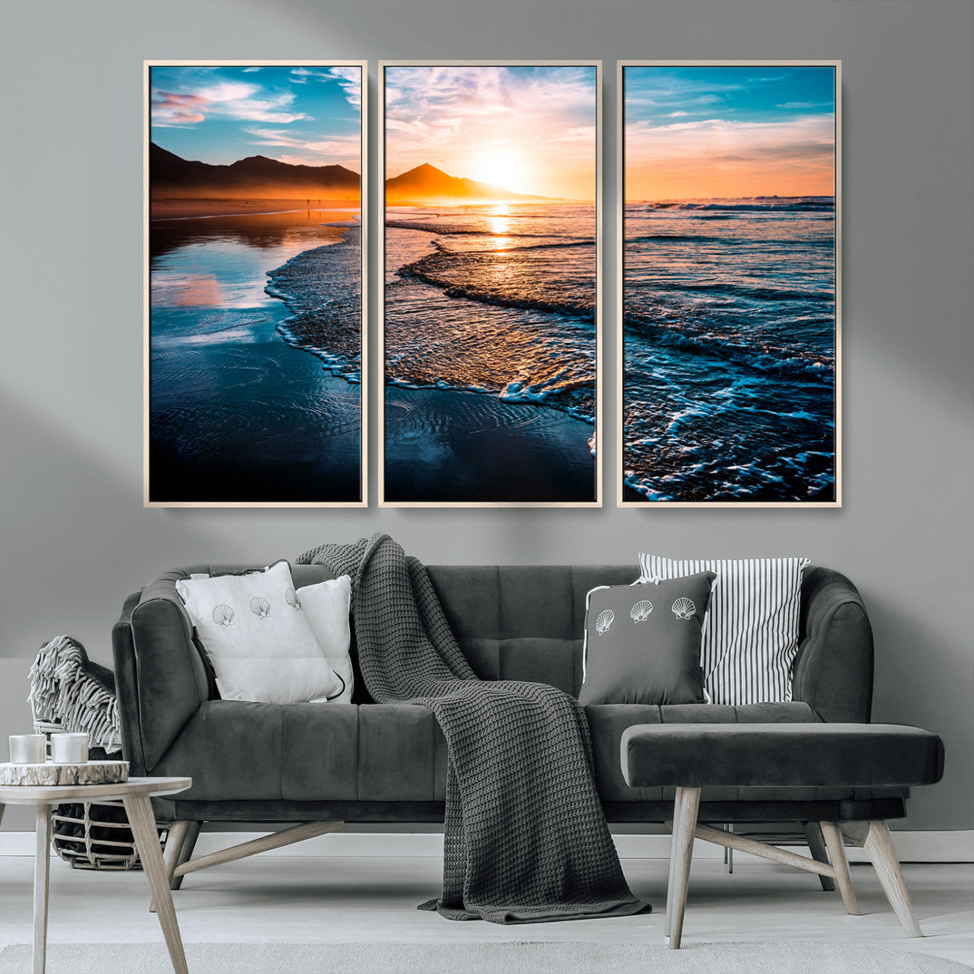 MGV-FC-48X32-3P - Beach Ocean Sunset on the Sea Wall Art Canvas, Beach Ocean Sunset Canvas Print