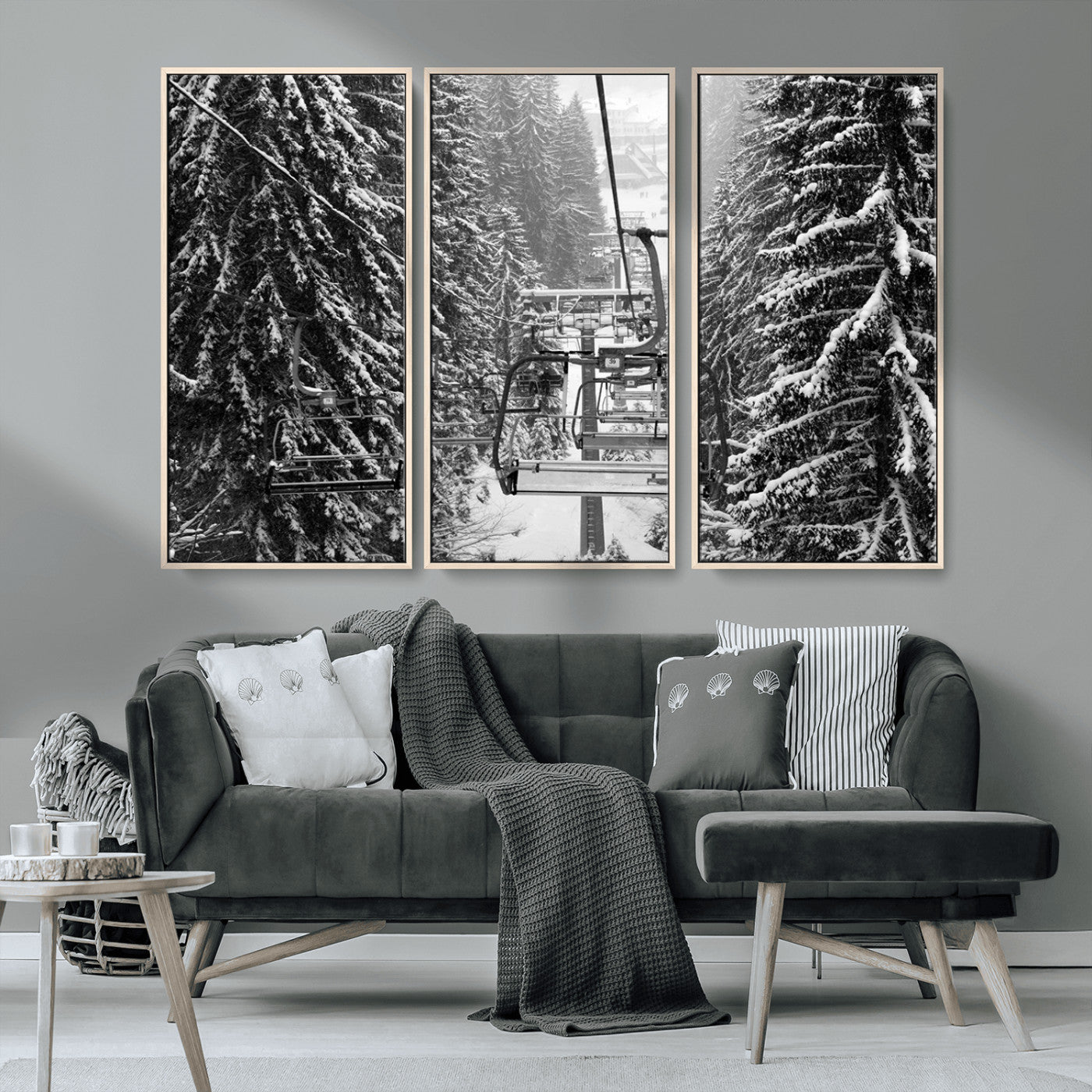 MGV-FC-48X32-3P - Winter Ski Lift Black and White Canvas Wall Art – Alpine Escape in Minimalist Style – Ready to Hang