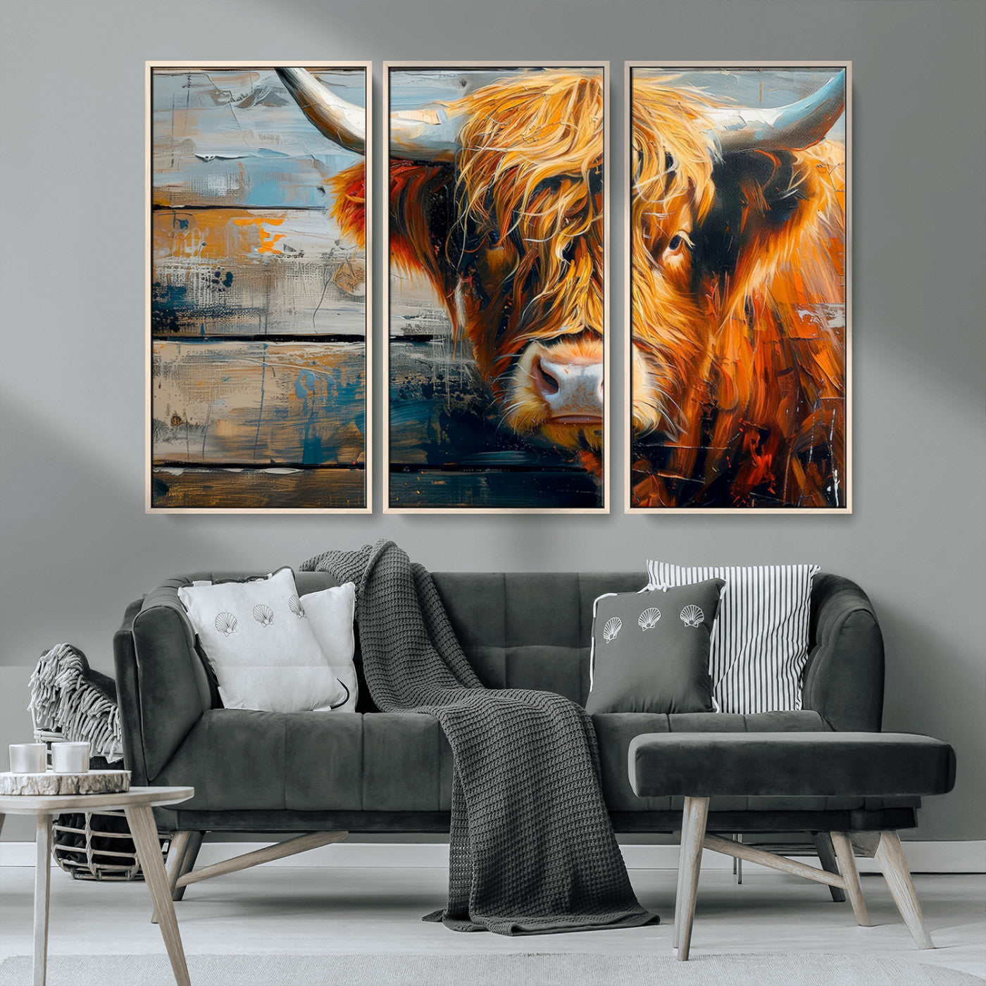 92312-MGV-FC-48X32-3P_Natural-Highland Cow Abstract Canvas Wall Art – Bold Farmhouse Rustic Decor – Ready to Hang