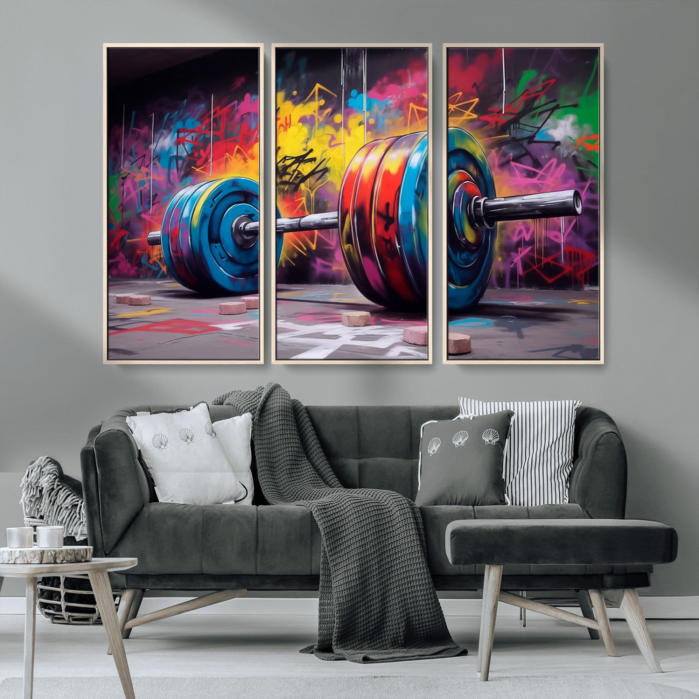MGV-FC-48X32-3P - Abstract Graffiti Barbell Canvas Wall Art – Urban Fitness Meets Bold Street Art Print - Gym Wall Art Print