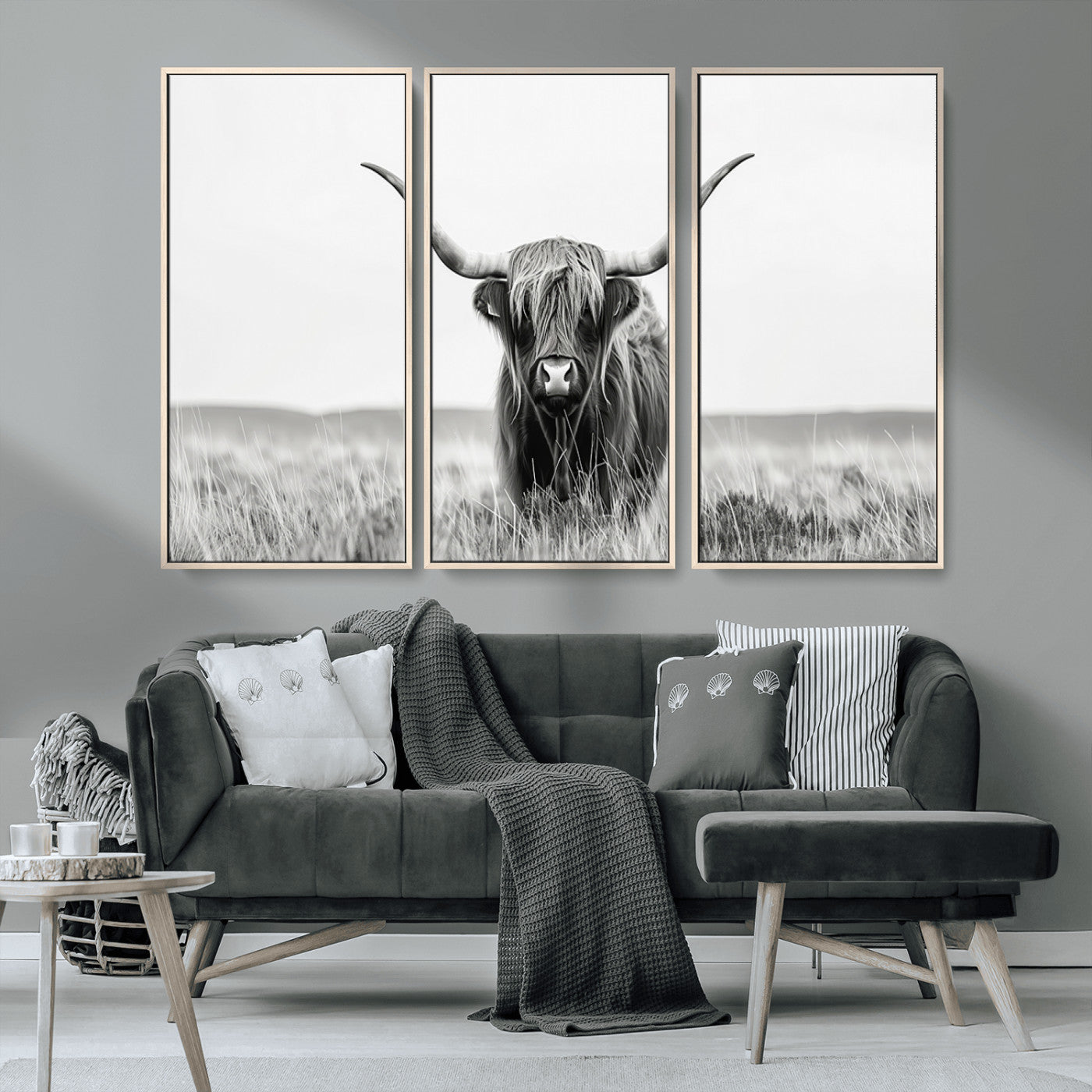 MGV-FC-48X32-3P - Highland Cow Canvas Wall Art – Majestic Beauty in Black and White