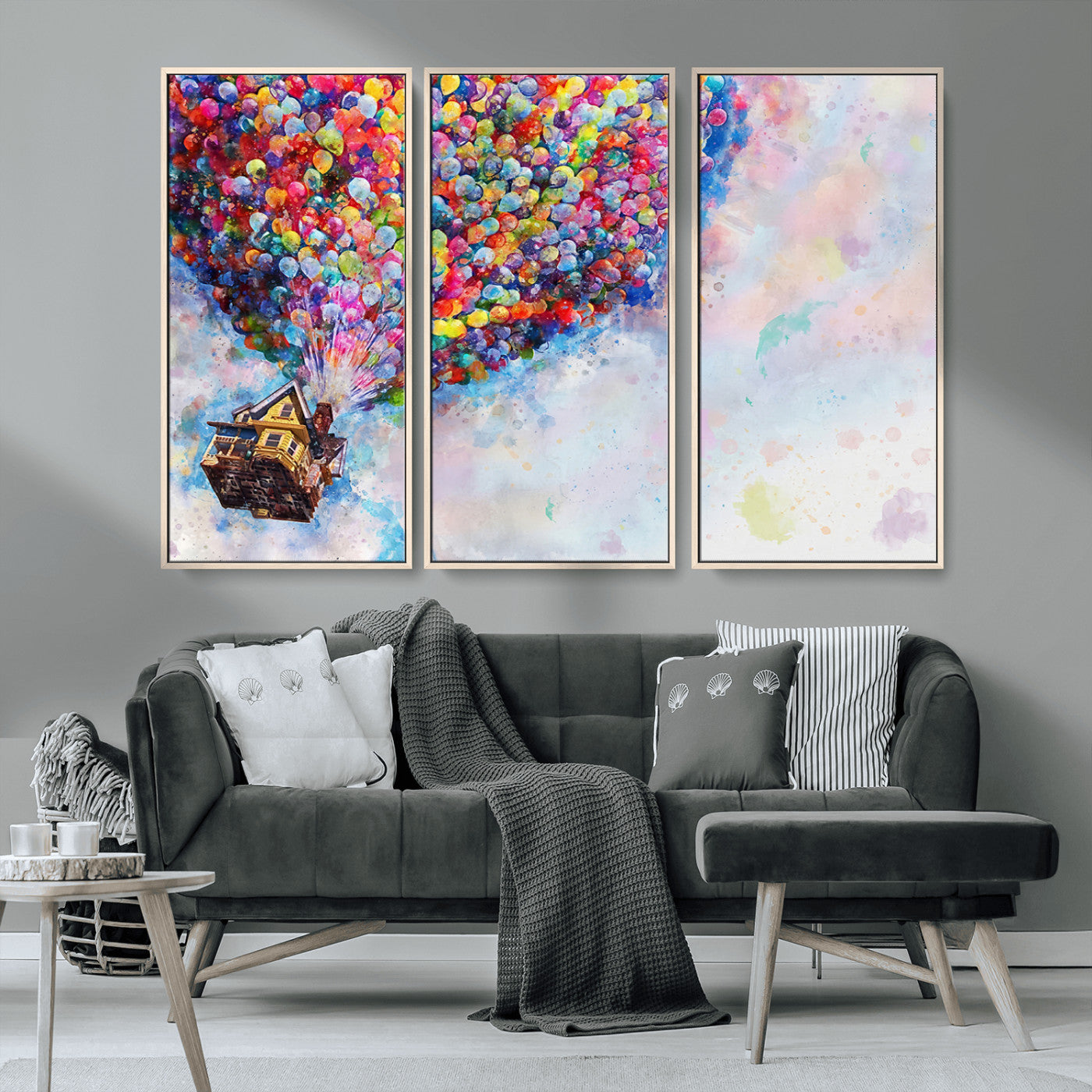 MGV-FC-48X32-3P - Don't Look Up Movie Canvas Wall Art - Vibrant Floating House and Balloons Scene, Tribute to Iconic