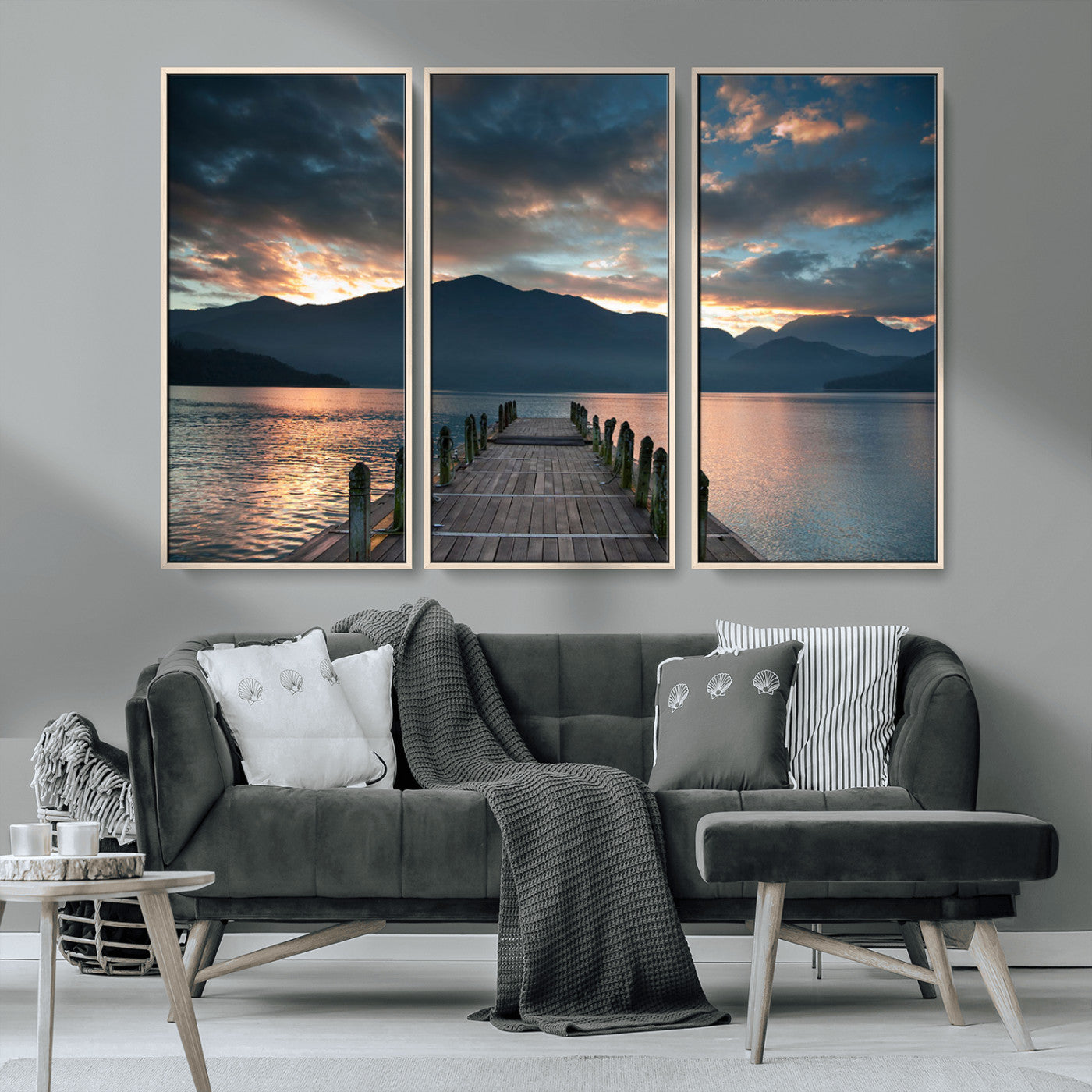 MGV-FC-48X32-3P - Mountain Lake Wood Pier Canvas Wall Art Nature Lake Print