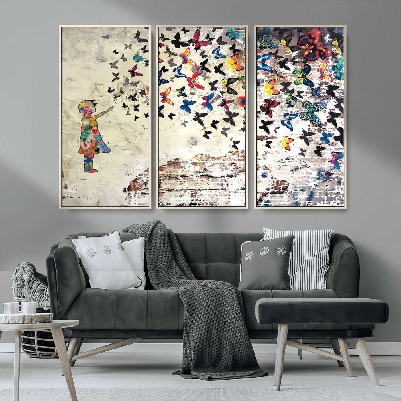 MGV-FC-48X32-3P - Banksy Wall Art - Banksy Girl Butterfly Graffiti Wall Art Canvas Print - Butterfly Girl and Freedom Flight - Vibrant Street Art Print