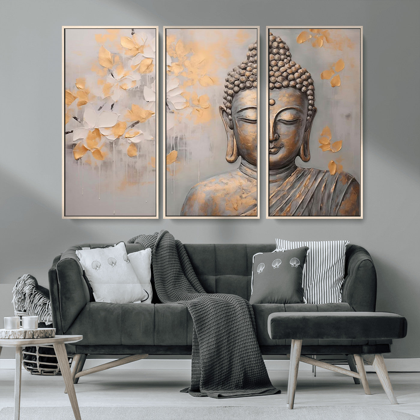 MGV-FC-48X32-3P - Abstract Buddha Statue Wall Art Canvas Print - Modern Meditation Decor for Living Room, Office, Yoga Studio Decor