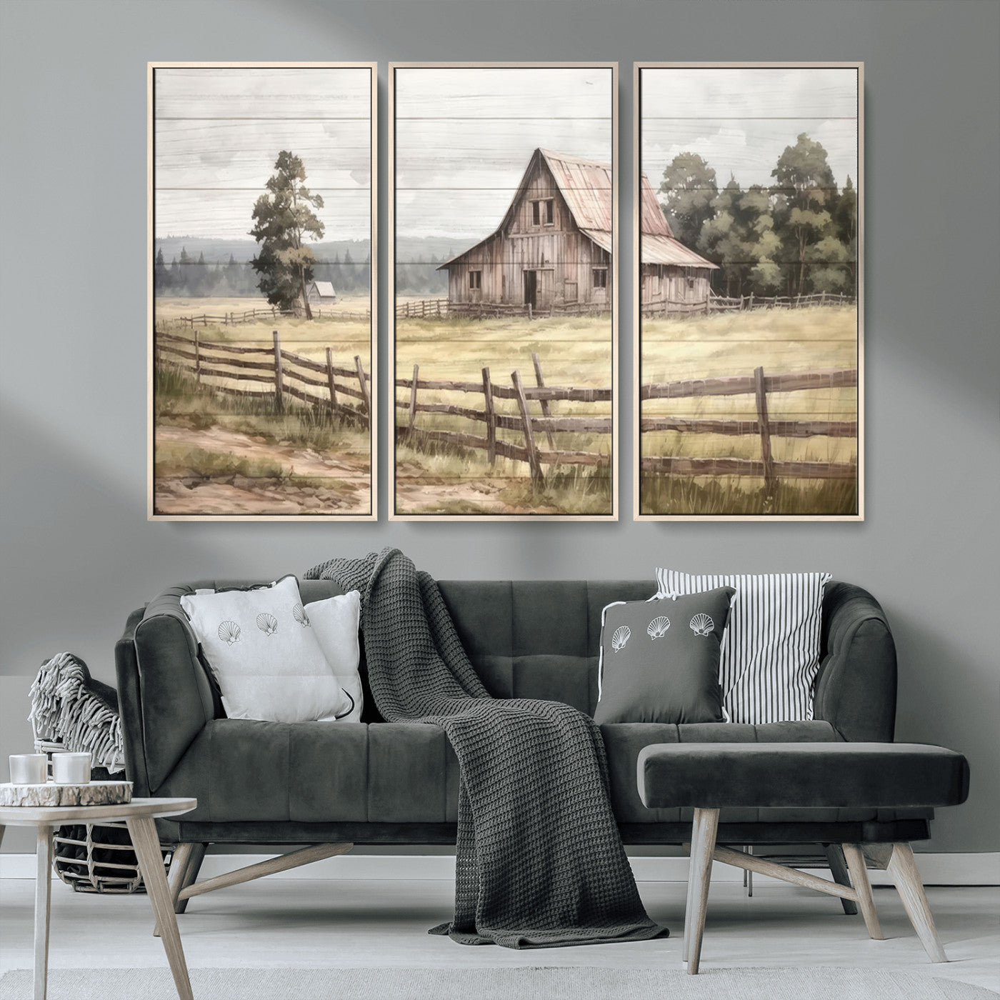 MGV-FC-48X32-3P - Rustic Farmhouse Barn Wall Art | 3-Panel Framed Gallery Wrap Giclee Canvas Print for Living Room, Farmhouse, or Office | Country Landscape Wall Art