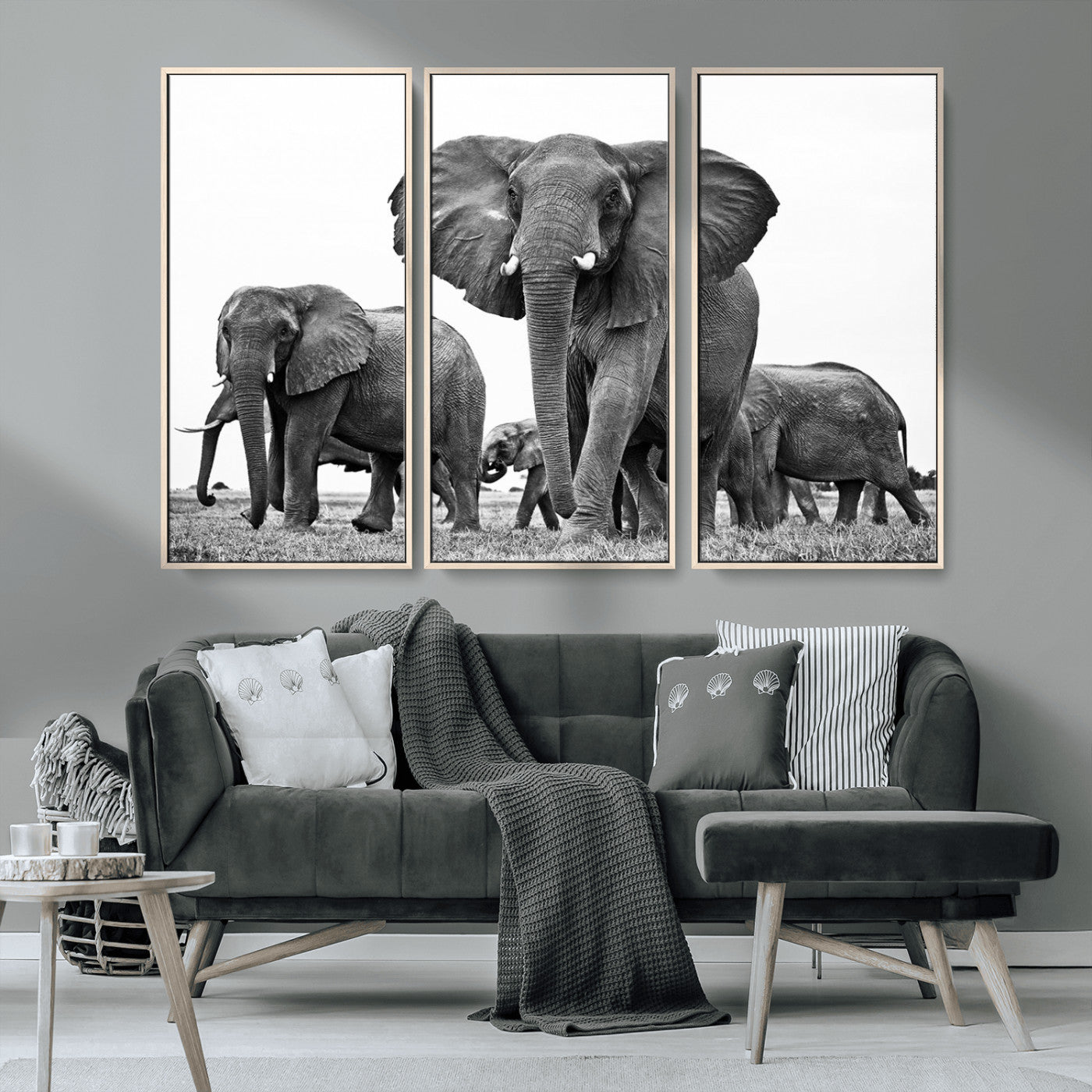 MGV-FC-48X32-3P - Black White Elephant Family Wall Art Canvas Print