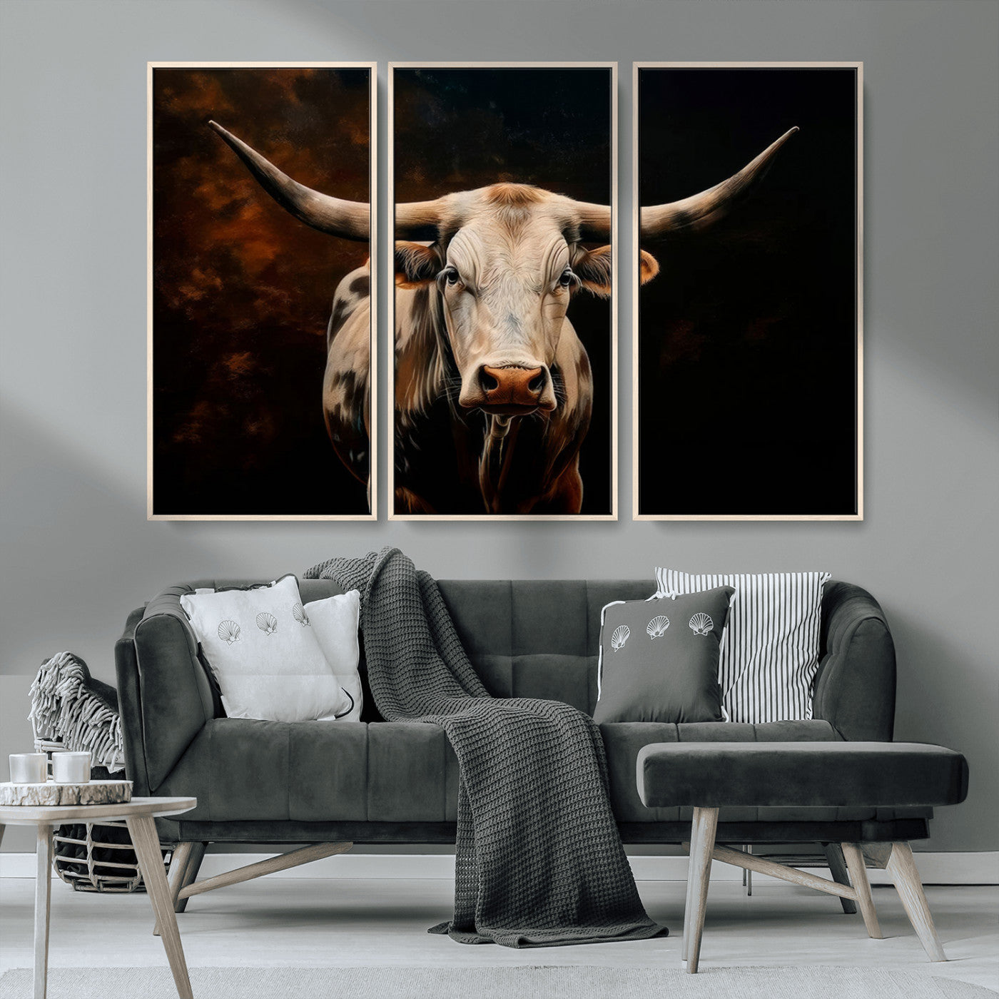 MGV-FC-48X32-3P - Texas Longhorn Wall Art | 3-Panel Large Texas Longhorn Canvas Print for Living Room, Office, or Farmhouse Decor | Framed Giclee Longhorn Wall Art