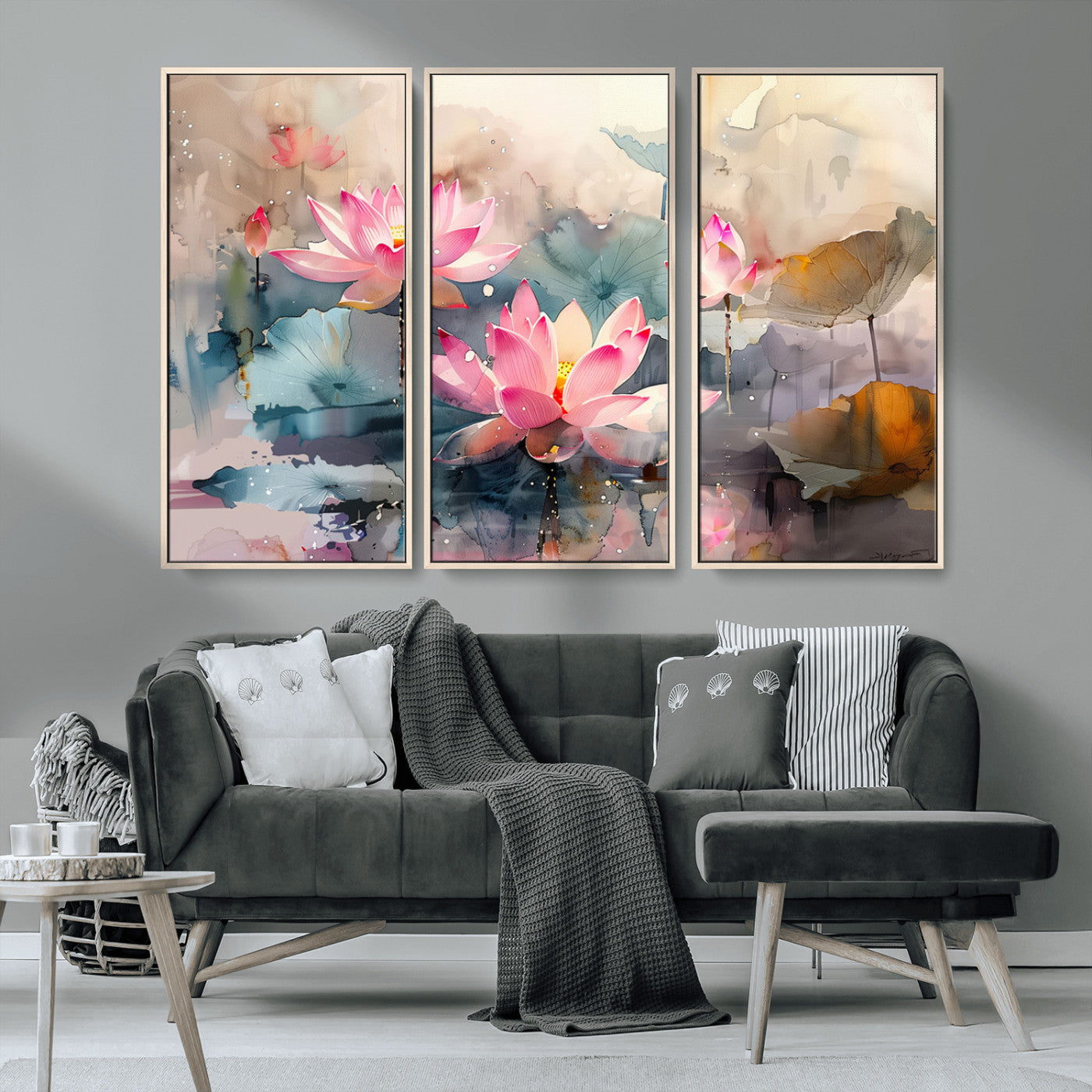 MGV-FC-48X32-3P - Lotus Flower Wall Art | 3-Panel Giclee Canvas Print of Pink Lotus Blossoms for Living Room, Bedroom, Office | Framed Lotus Floral Wall Art Decor Print