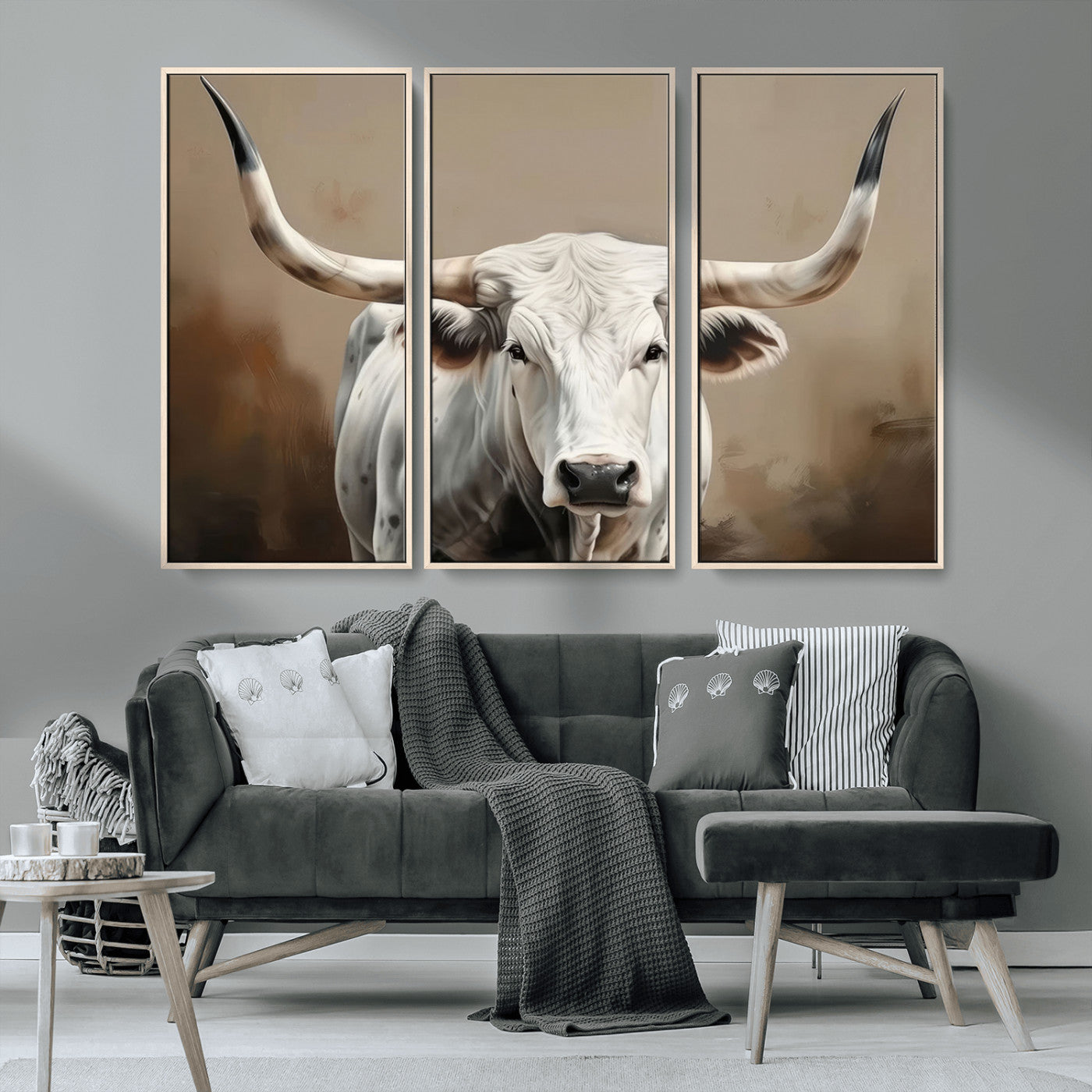 -White Longhorn Bull Wall Art Canvas Print – Framed and Ready to Hang – Perfect for Farmhouse and