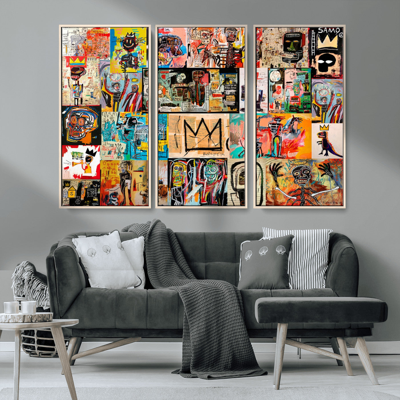 MGV-FC-48X32-3P - Basquiat Art Collage Wall Art Canvas Print – Framed, Ready to Hang, Urban Graffiti Style