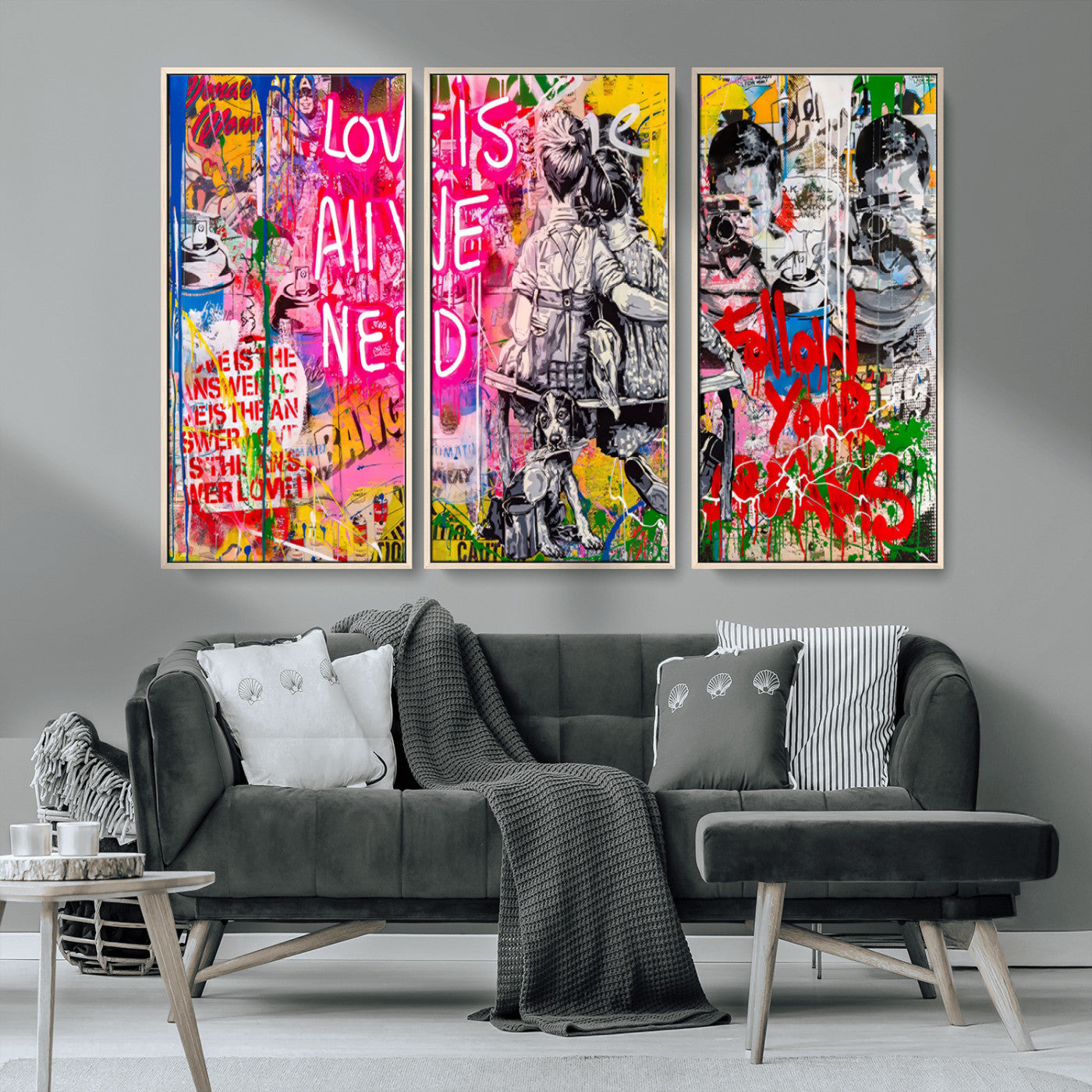 MGV-FC-48X32-3P - Follow Your Dreams & Love is All We Need Graffiti Street Art Triptych | 3-Panel Colorful Urban Wall Art for Living Room, Office, Loft Graffiti Wall Art Print