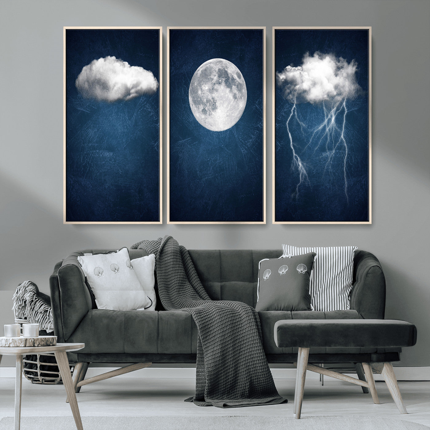 -Dark Blue Cloud Art, 3 Piece Indigo Blue Wall Art, Aesthetic Surreal Art, Thunderstorm Moon Cloud