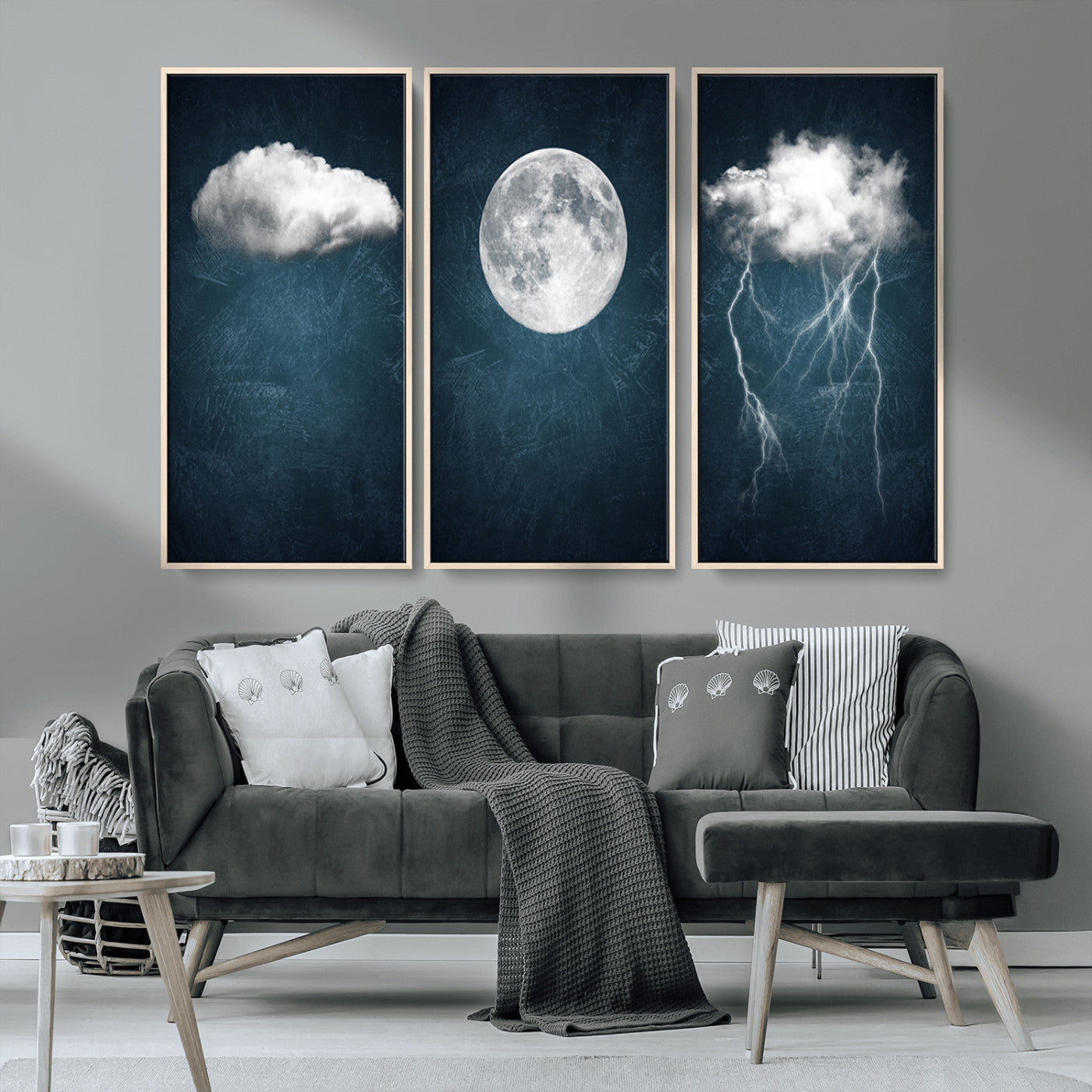 17673-MGV-FC-48X32-3P_Natural-3 Piece Indigo Cloud Wall Art, Thunderstorm Moon Cloud Artworks