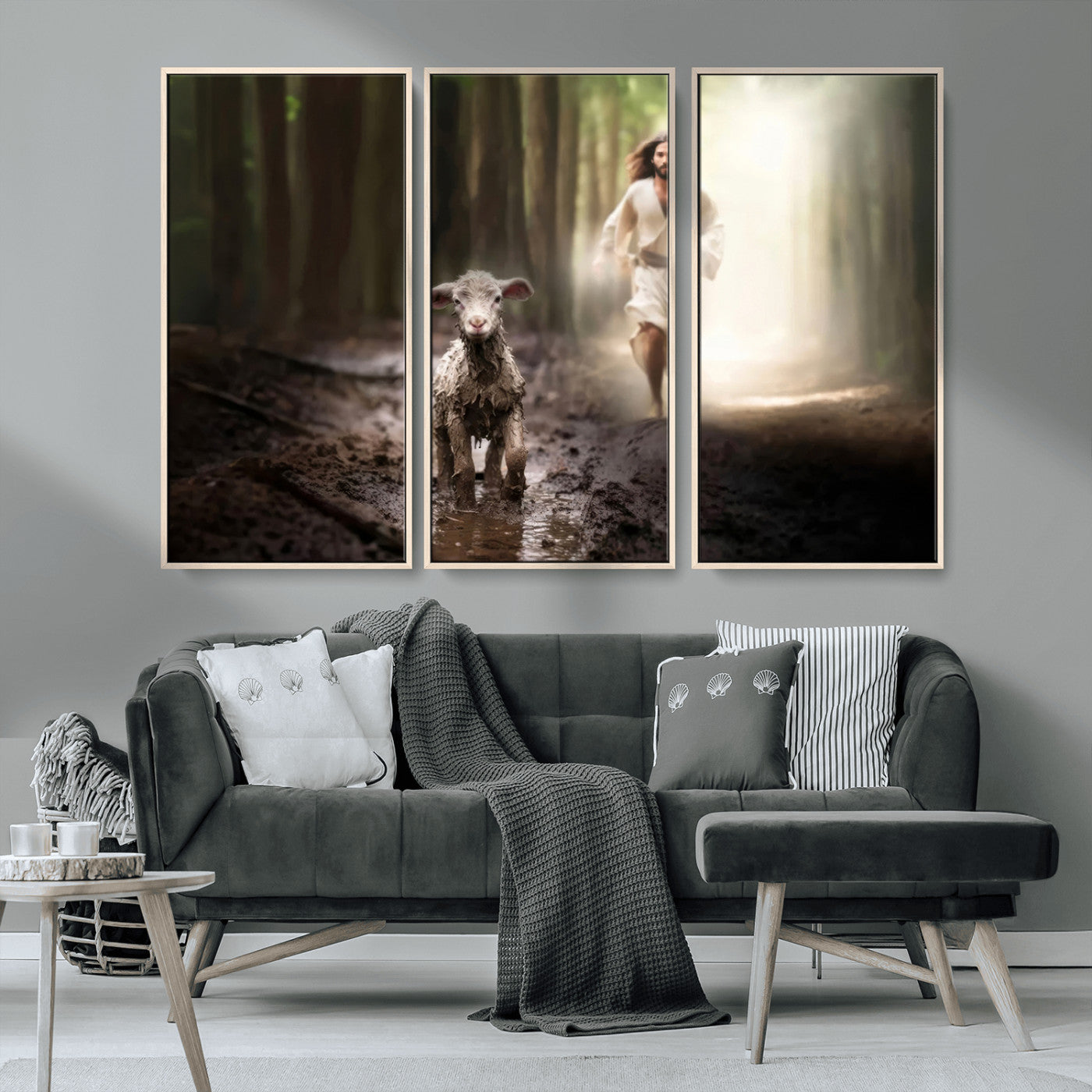 MGV-FC-48X32-3P - Jesus Canvas Wall Art - Jesus Running After Lost Lamb, Jesus, Christian Home Decor - Church Wall Art