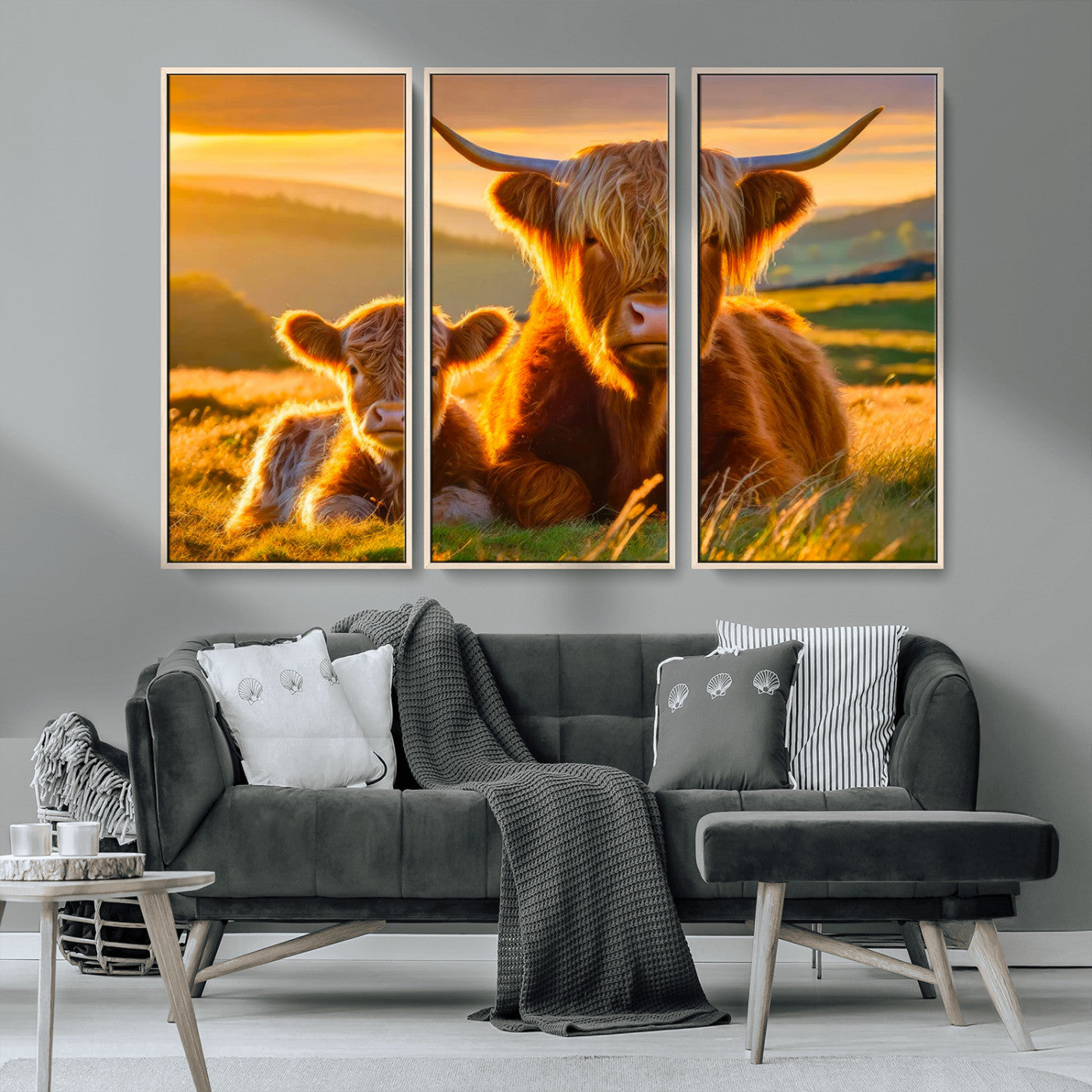-Scottish Cow and Baby Cow Canvas Wall Art Animal Print Fluffy Cattle Framed Farmhouse Decor