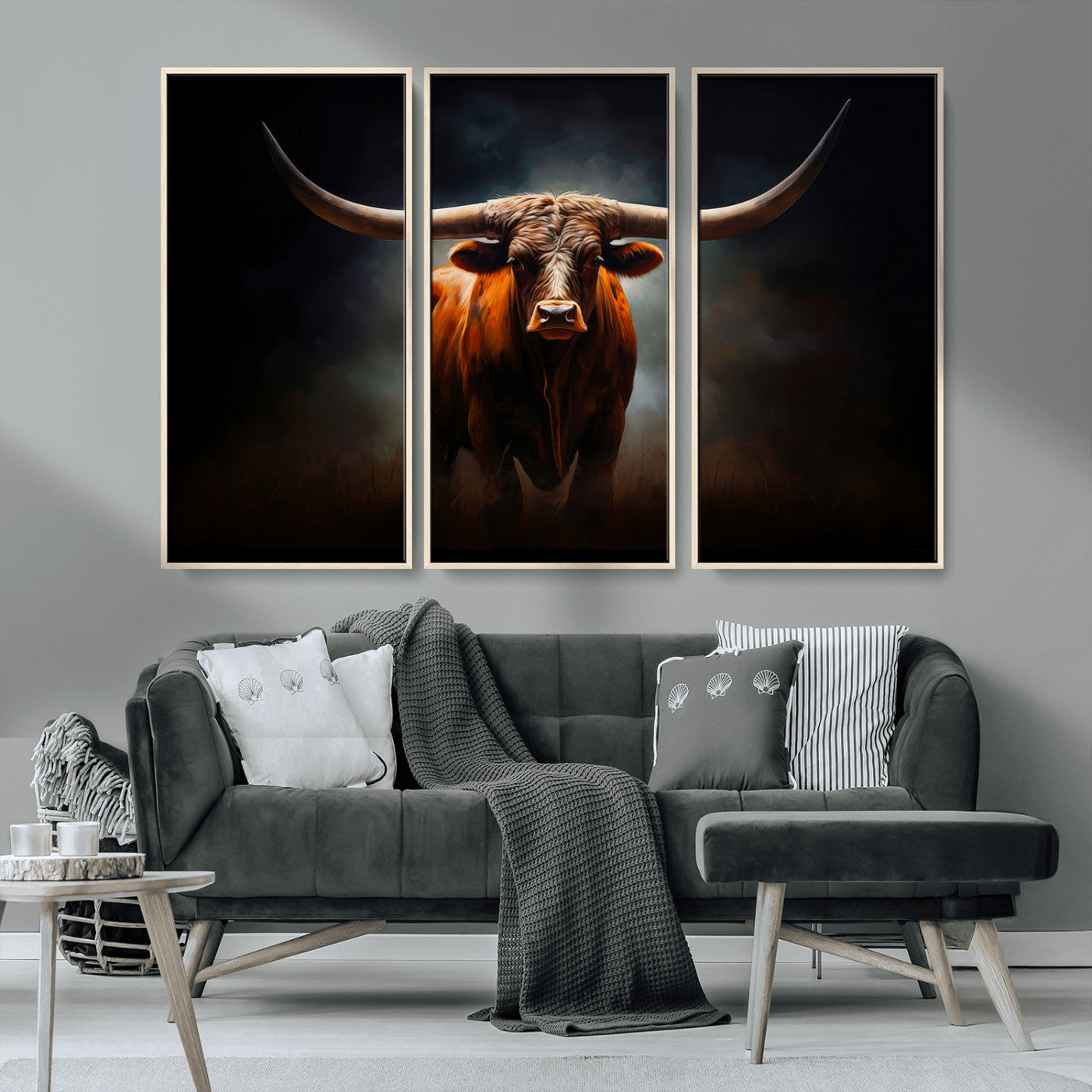 MGV-FC-48X32-3P - Abstract Texas Longhorn Wall Art Print | 3-Panel Large Texas Longhorn Canvas Print for Living Room, Office  Farmhouse Decor | Framed Longhorn Wall Art