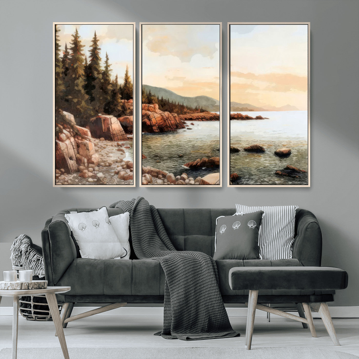 MGV-FC-48X32-3P - Serene Coastal View of Acadia National Park Wall Art - Stunning 3-Panel Wall Art Canvas Print, Framed, Ready to Hang