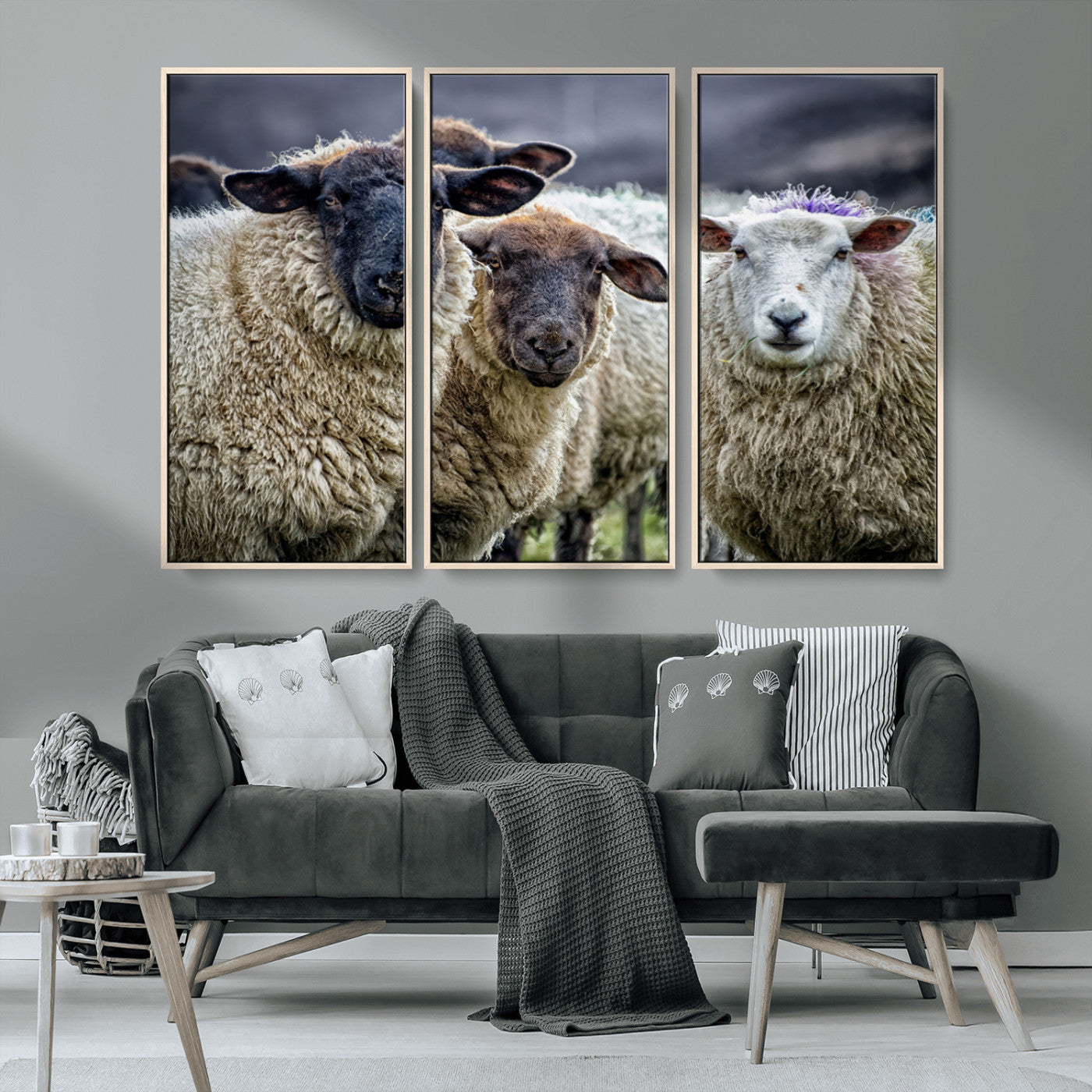 -Charming Sheep Portrait Wall Art – Trio of Woolly Companions Canvas Print, Framed, Ready to Hang