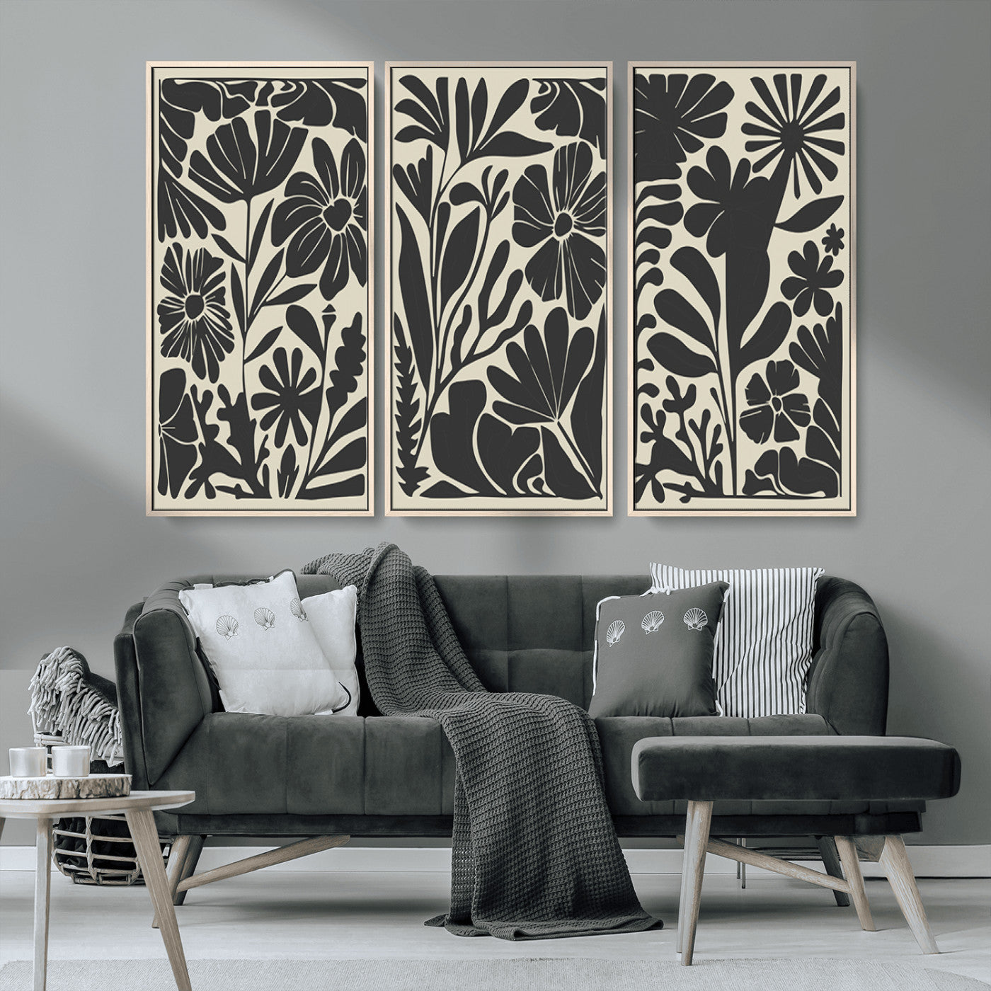 MGV-FC-48X32-3P - Modern Botanical Wall Art - Floral Black and White Canvas Print, Framed, Ready to Hang
