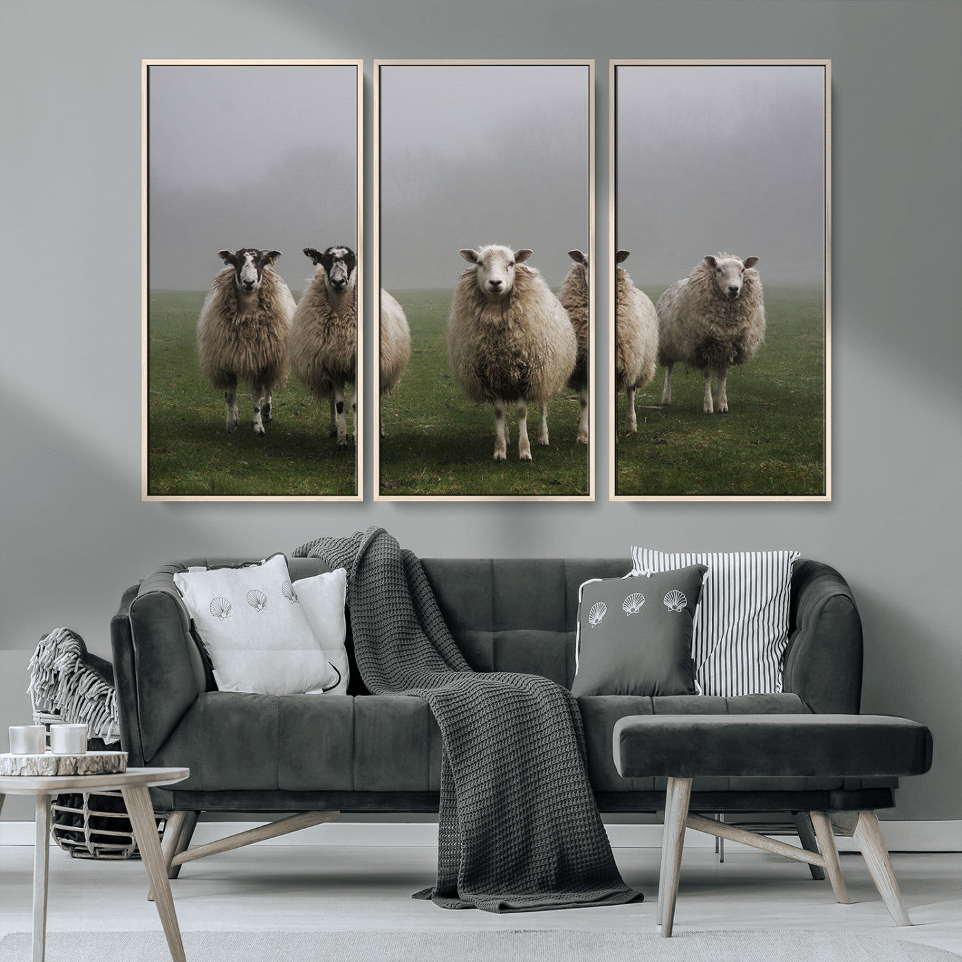 87339-MGV-FC-48X32-3P_Natural-Flock of Sheep in a Mystical Fog – Pastoral Wall Art Canvas Print, Framed, Ready to Hang