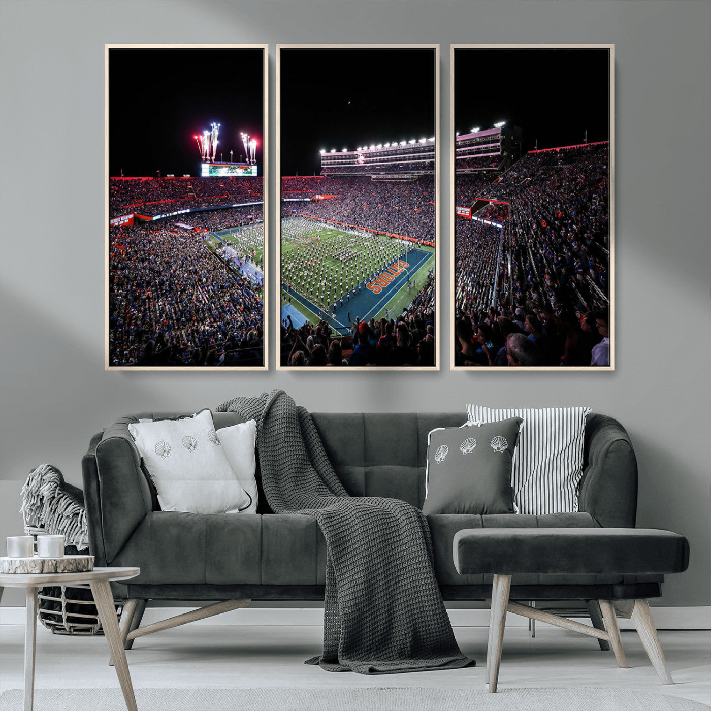 MGV-FC-48X32-3P - Ben Hill Griffin Stadium Night Game Triple Canvas Wall Art - Florida Gators Football Match