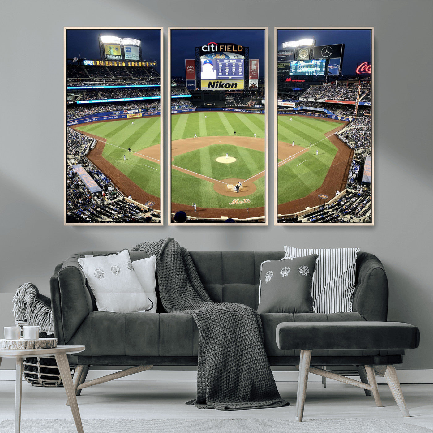 MGV-FC-48X32-3P - Citi Field Wall Art Print | 3-Panel New York Mets Baseball Stadium Canvas Print | Framed Sports Decor for Living Room, Man Cave, or Office Decor