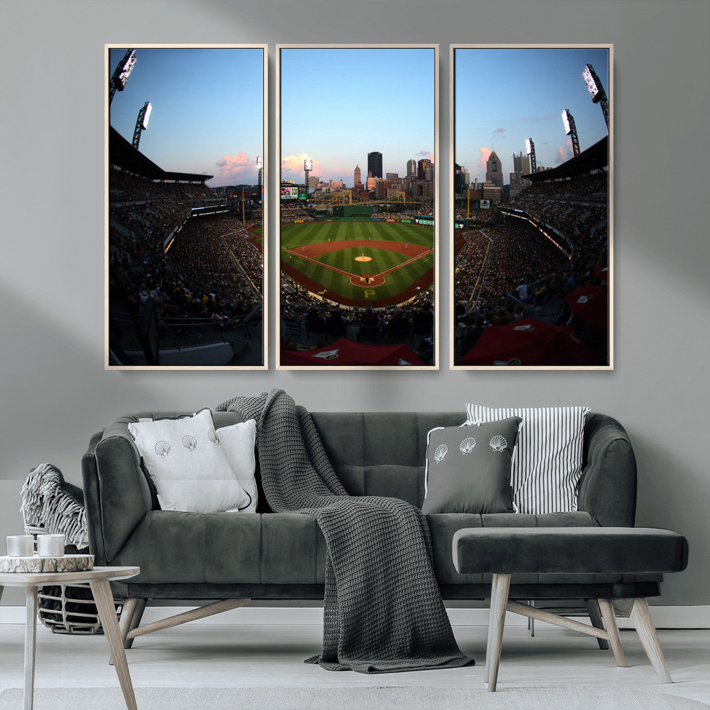 MGV-FC-48X32-3P - PNC Park Evening Game Triple Canvas Wall Art - Pittsburgh Pirates MLB Match - PNC Park Stadium Wall Art Canvas Print