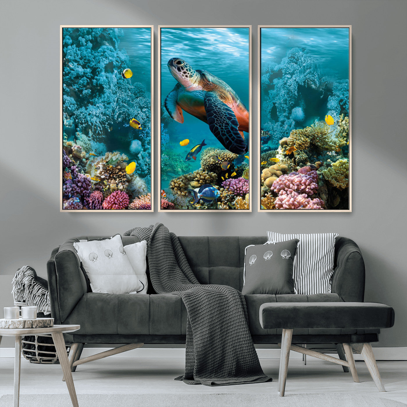 MGV-FC-48X32-3P - Sea Turtle and Coral Reef Triptych Wall Art – Vibrant Underwater Scene Canvas Set for Ocean Lovers and Coastal Decor – Ready to Hang 3-Panel Artwork