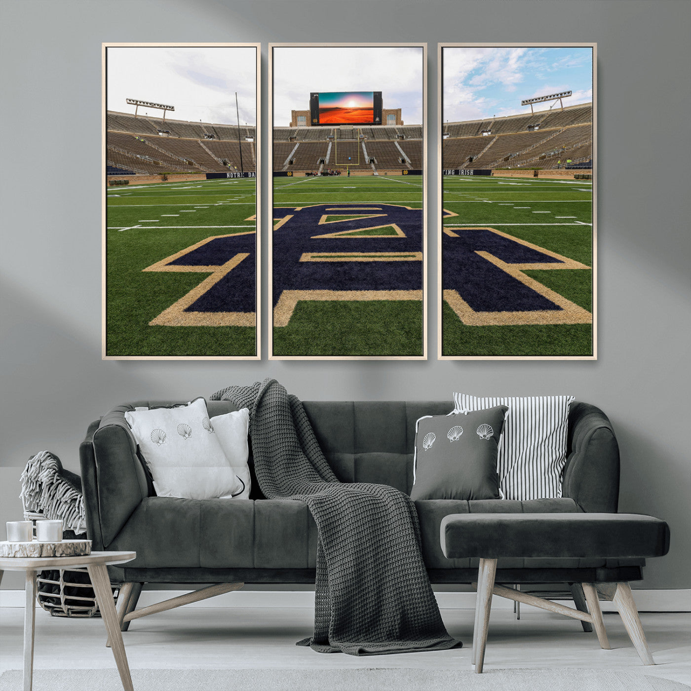 MGV-FC-48X32-3P - Notre Dame Stadium Giclee Canvas Print | Triptych Wall Art Featuring Iconic Notre Dame Football Field | Ready-to-Hang Sports Stadium Decor