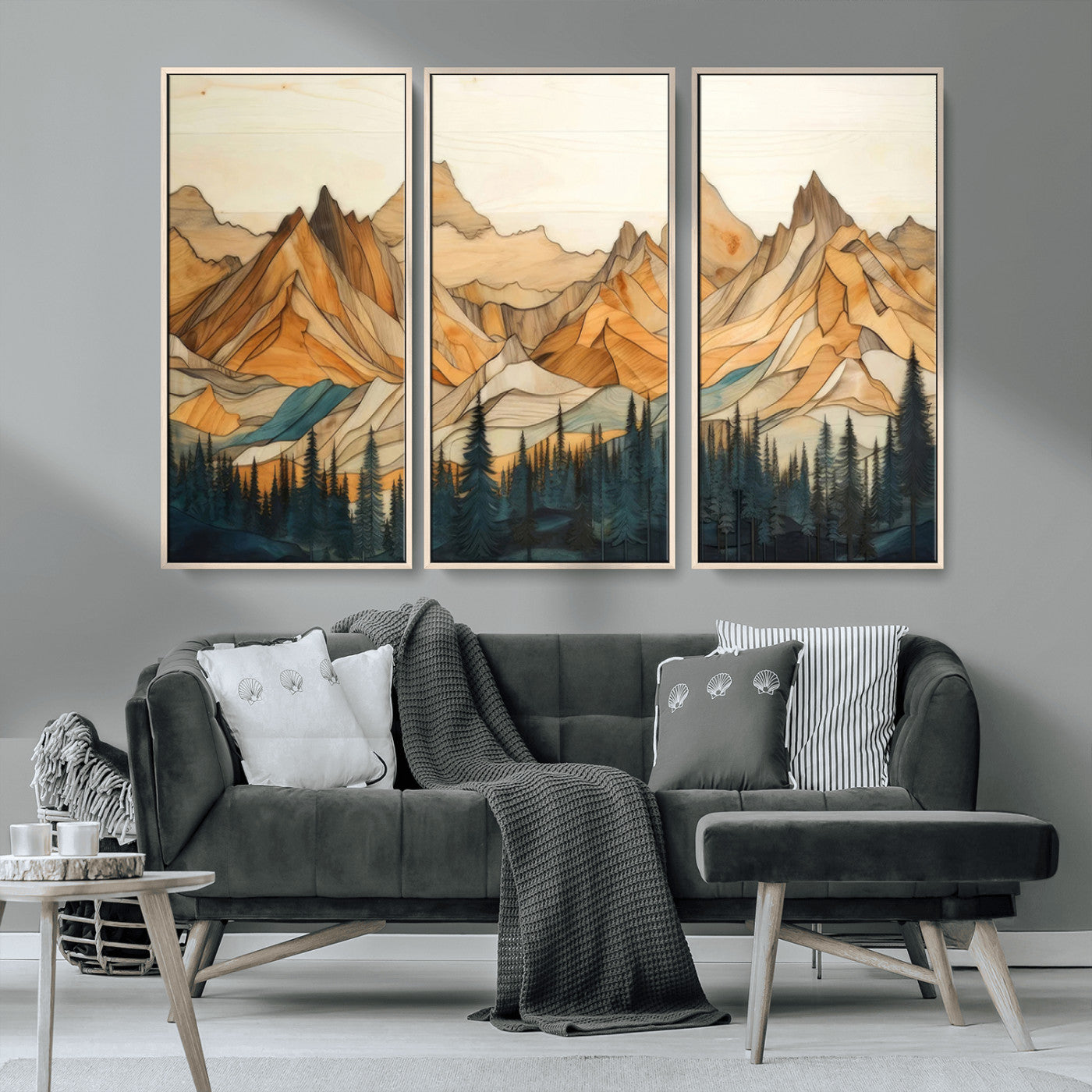 -Rustic Wood Mountain Wall Art Print | Triptych Giclee Print Featuring Handcrafted Forest and