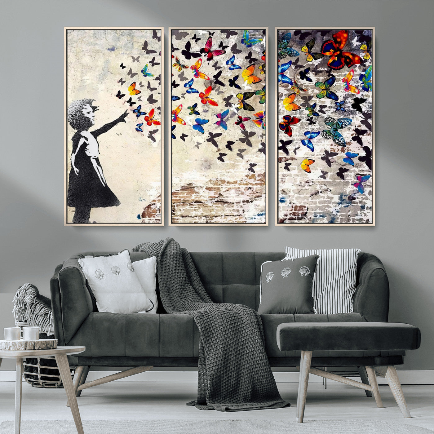 MGV-FC-48X32-3P - Banksy Graffiti Wall Art Canvas Print: Girl Releasing Vibrant Butterflies – Ready to Hang