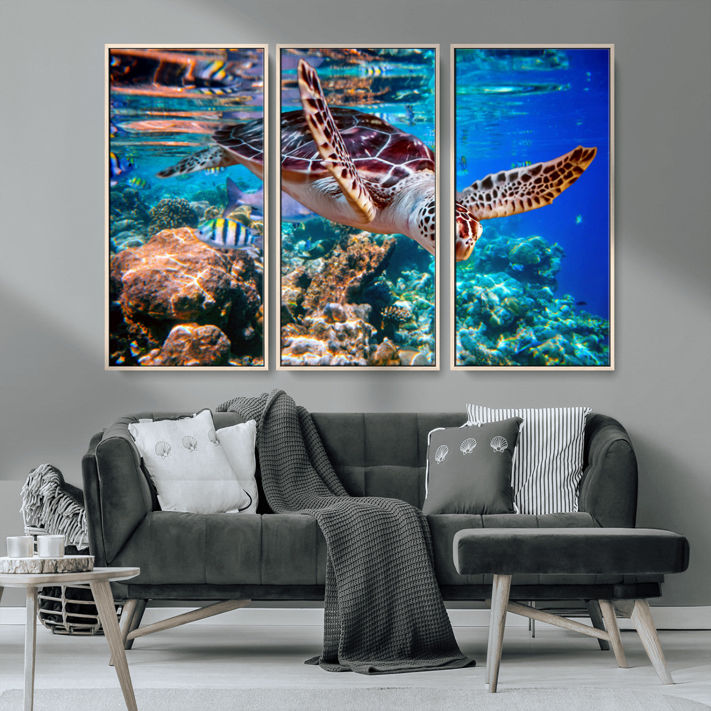 MGV-FC-48X32-3P - Underwater Coral Reef Sea Turtle Wall Art Canvas Print, Vibrant Marine Life | Colorful Ocean Scene
