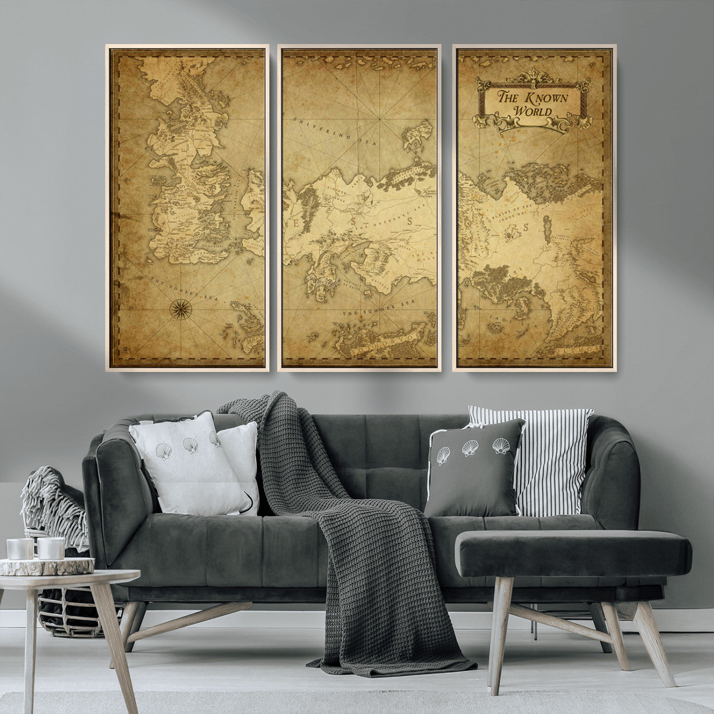 MGV-FC-48X32-3P - Vintage Game of Thrones Map Wall Art | Westeros and Essos Antique Style Print | The Known World in Triptych Canvas | Giclee Canvas for Fantasy Lovers