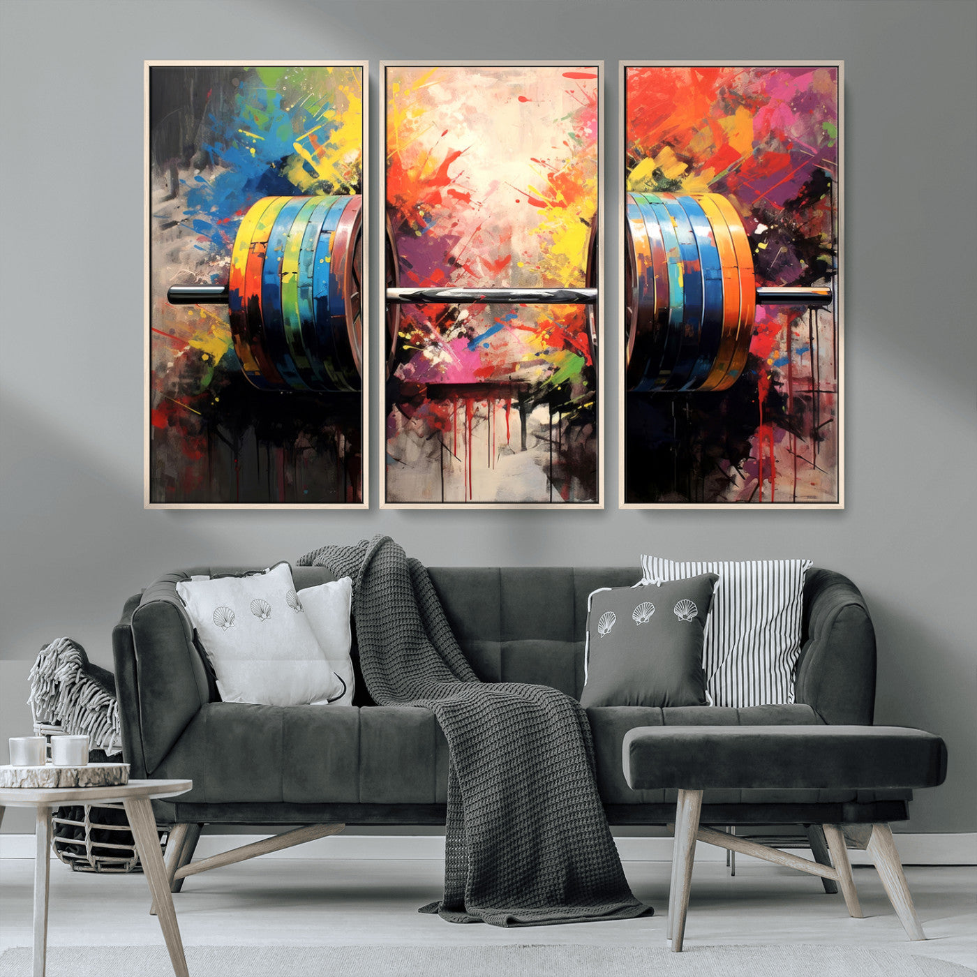 MGV-FC-48X32-3P - Weightlifting Barbell Art Triptych, Bold Abstract Fitness Wall Decor for Gym or Home, Giclee Canvas Print